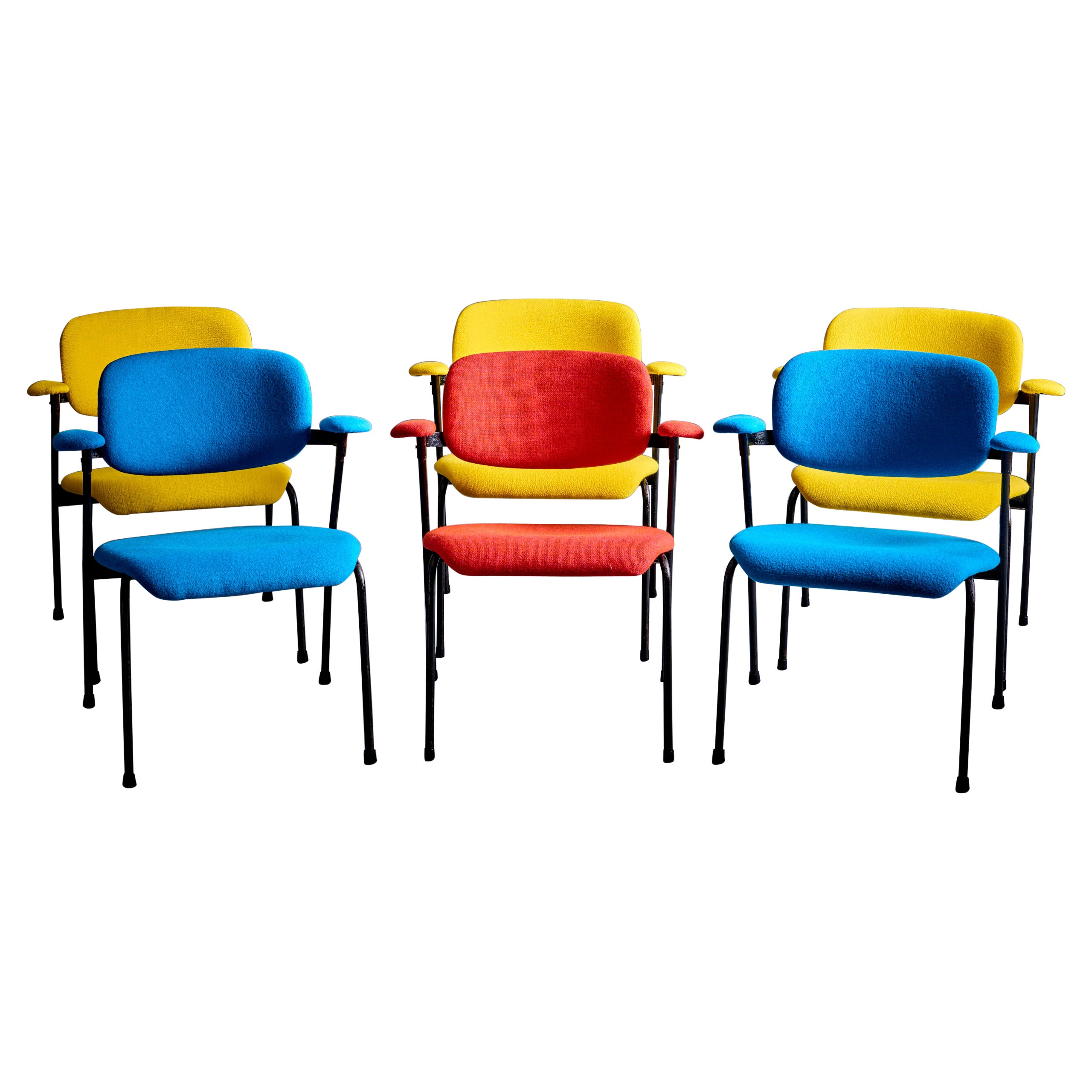 Willy Van Der Meeren pour Tubax Ensemble de 6 chaises longues en bleu, rouge, jaune années 1950 en vente