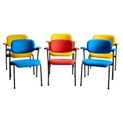 Willy Van Der Meeren pour Tubax Ensemble de 6 chaises longues en bleu, rouge, jaune années 1950