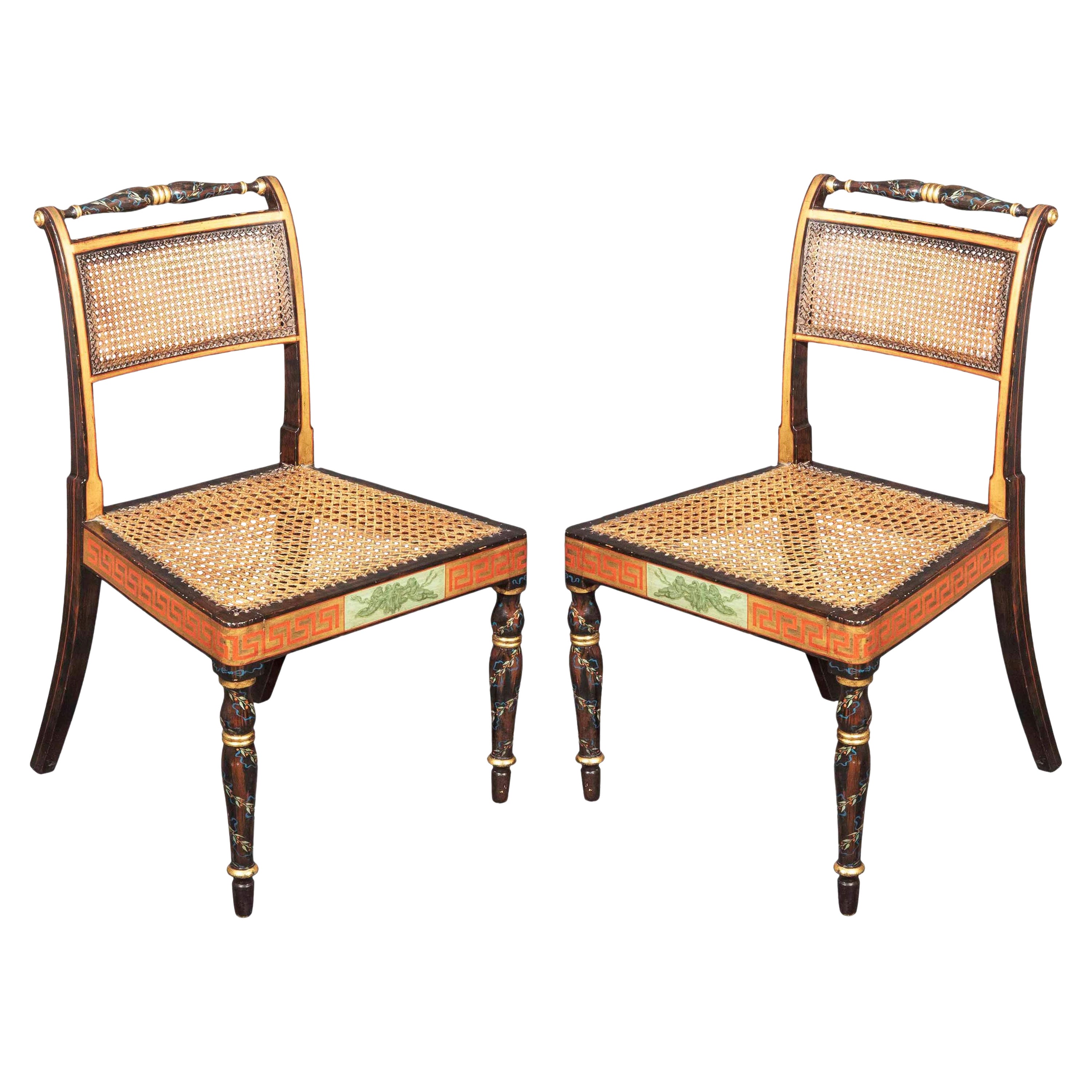 Early 19th Century Pair of Regency Black Painted Caned Chairs, 3 Pairs Available