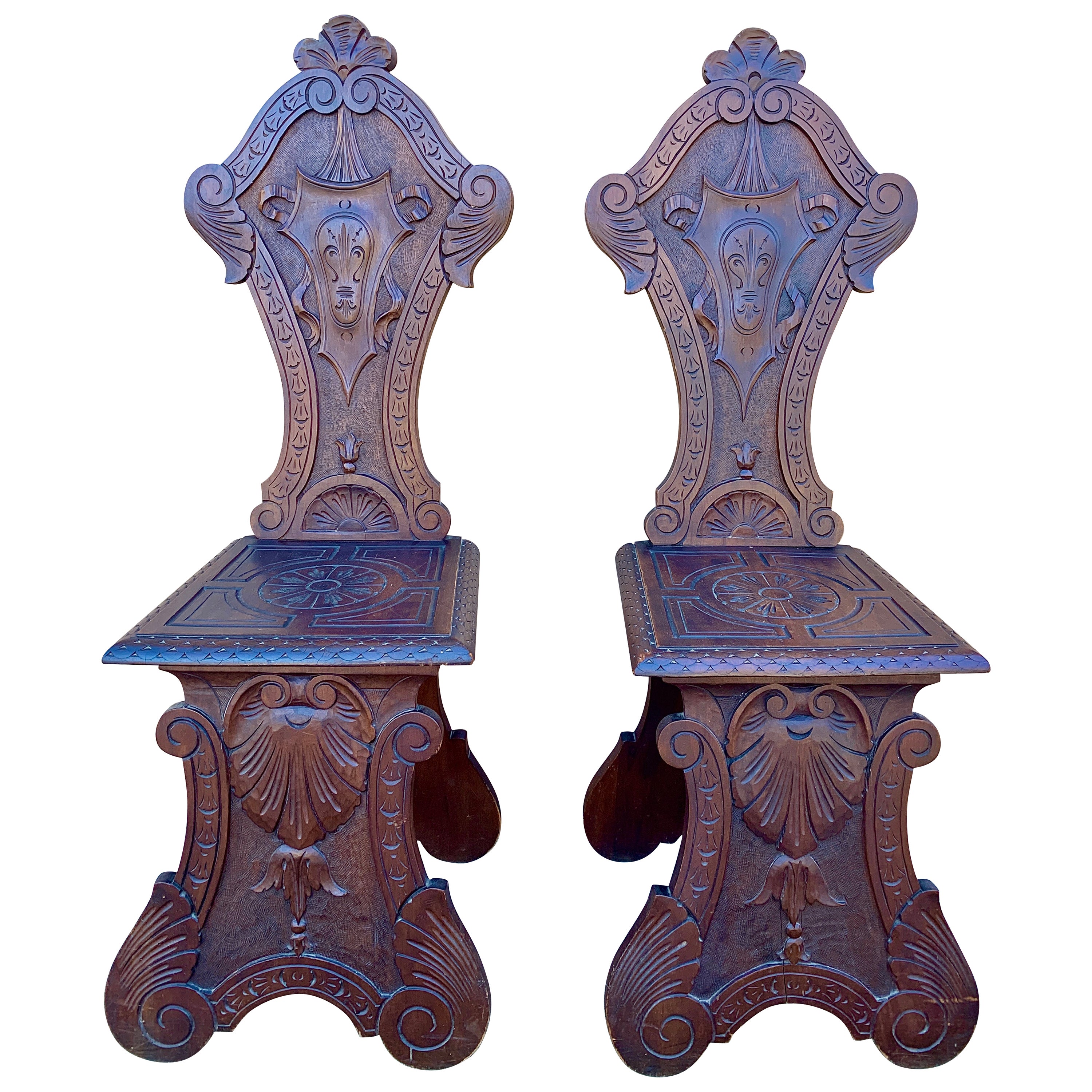 Antique 19th Century Italian Renaissance Hand Carved Walnut Hall Chairs, Pair For Sale