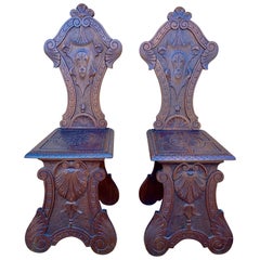 Antique 19th Century Italian Renaissance Hand Carved Walnut Hall Chairs, Pair