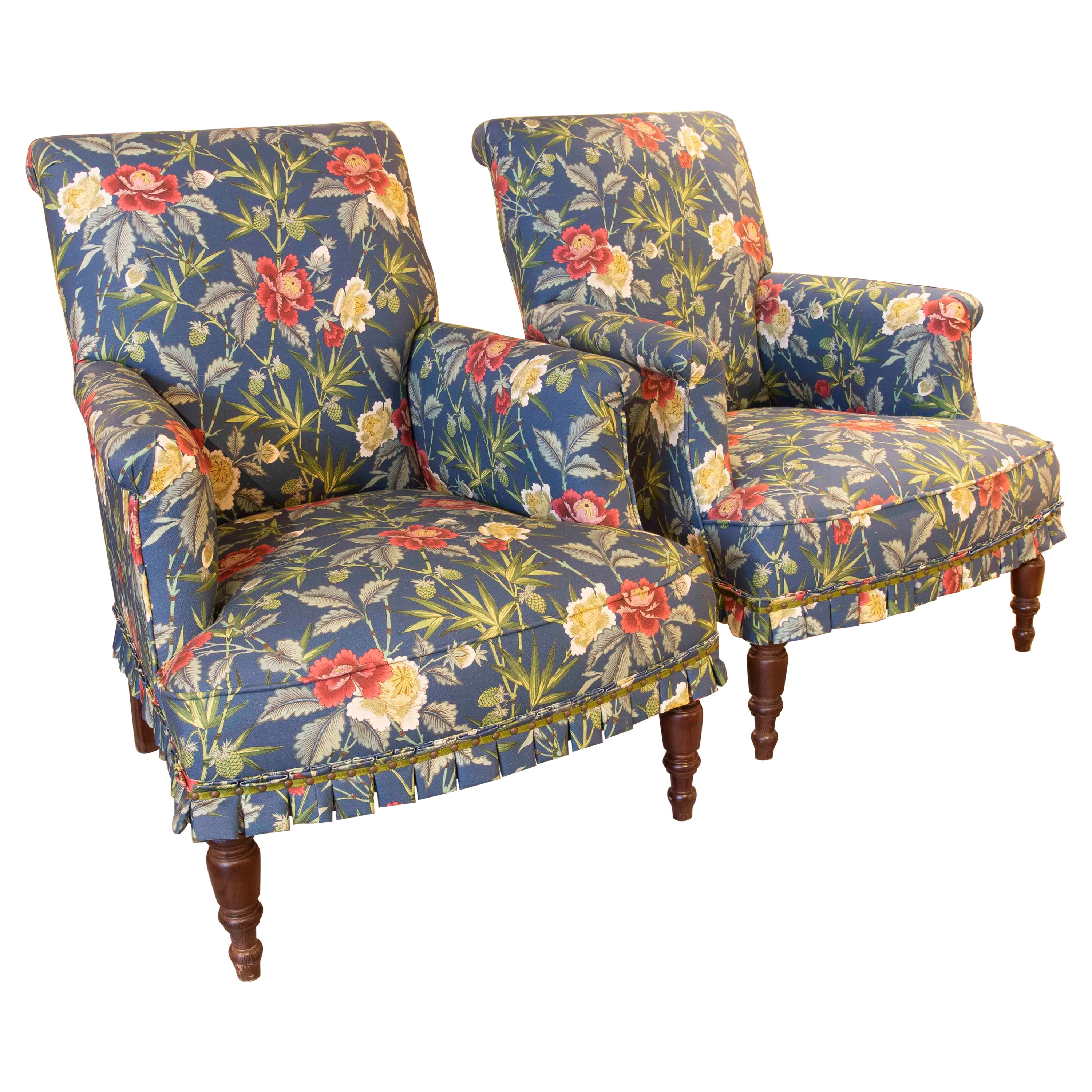 Pair of Armchairs with Wooden Frame and Newly Upholstered with Floral Fabrics 