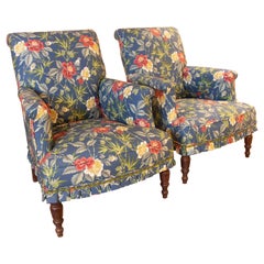 Pair of Armchairs with Wooden Frame and Newly Upholstered with Floral Fabrics