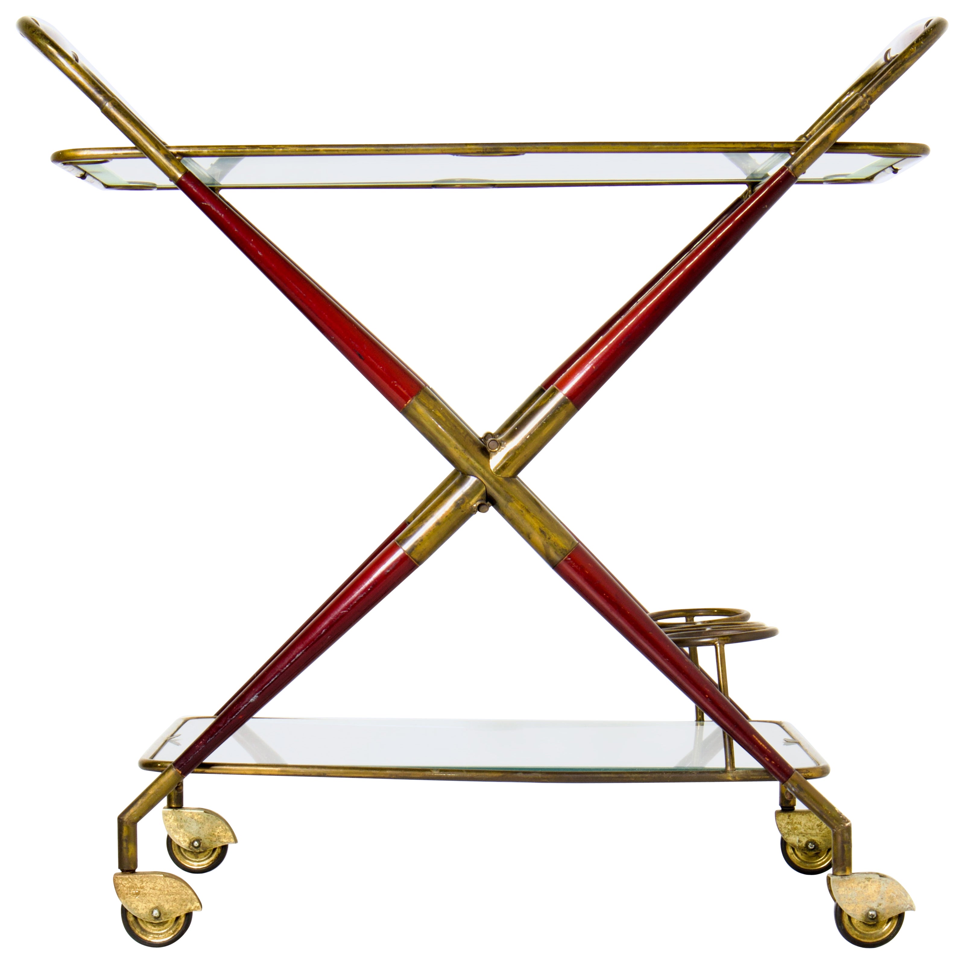 Cesare Lacca Folding Bar Cart Trolley Original Frosted Glass, Brass & Mahogany For Sale