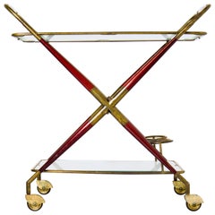 Vintage Cesare Lacca Folding Bar Cart Trolley Original Frosted Glass, Brass & Mahogany