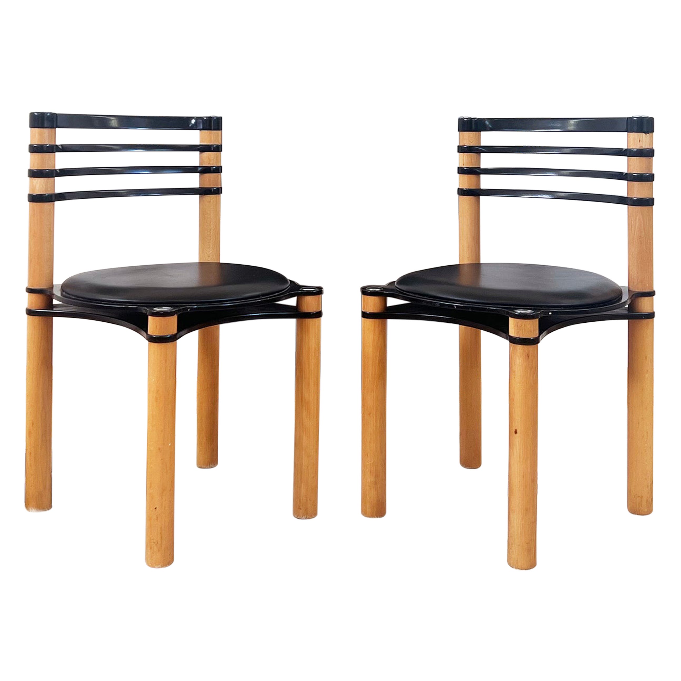 Pair of Postmodern Black and Wood Chairs by Kurt Thut for Dietiker, 1980s--2 pcs For Sale
