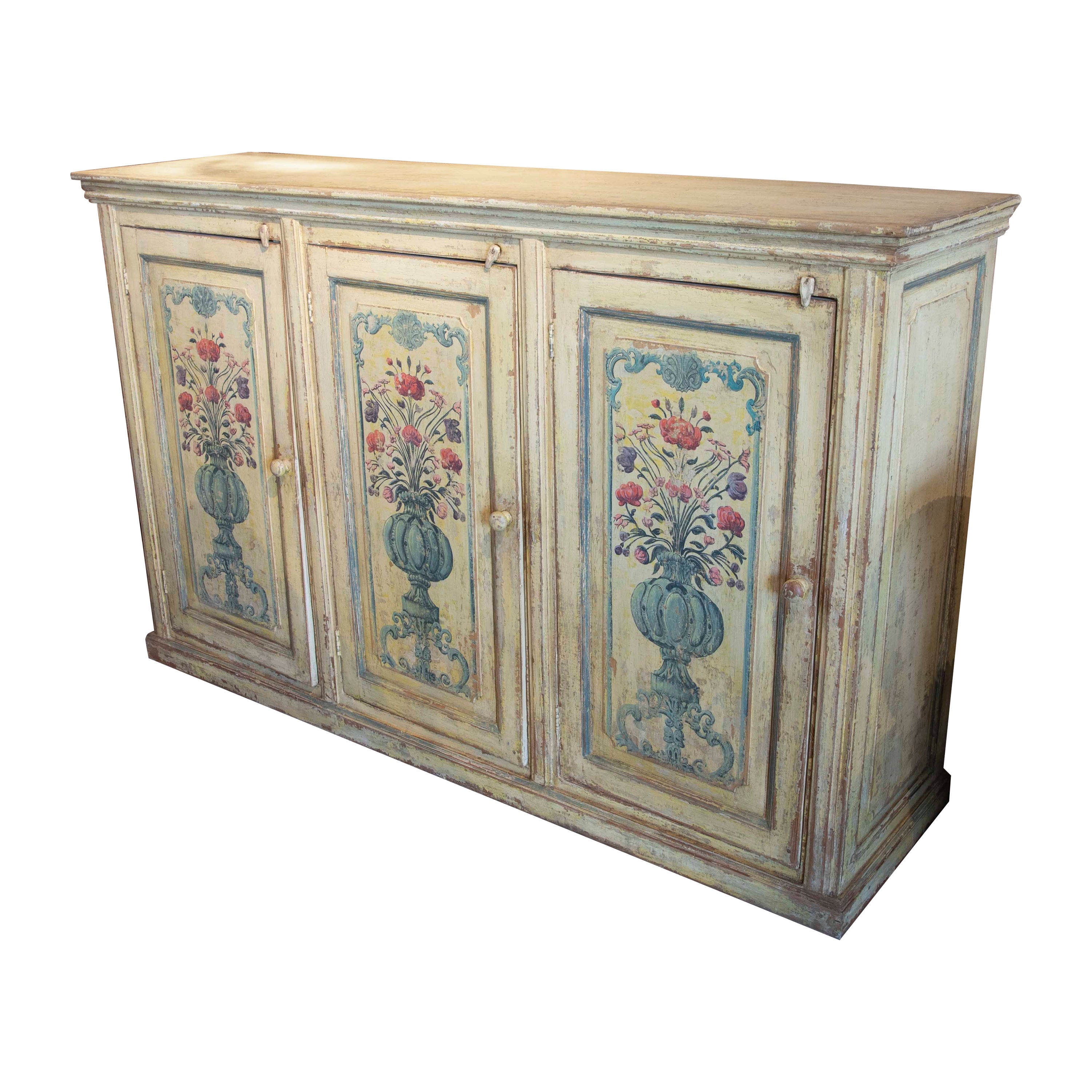 Sideboard with polychromed Doors Decorated with Vases with Flowers  For Sale