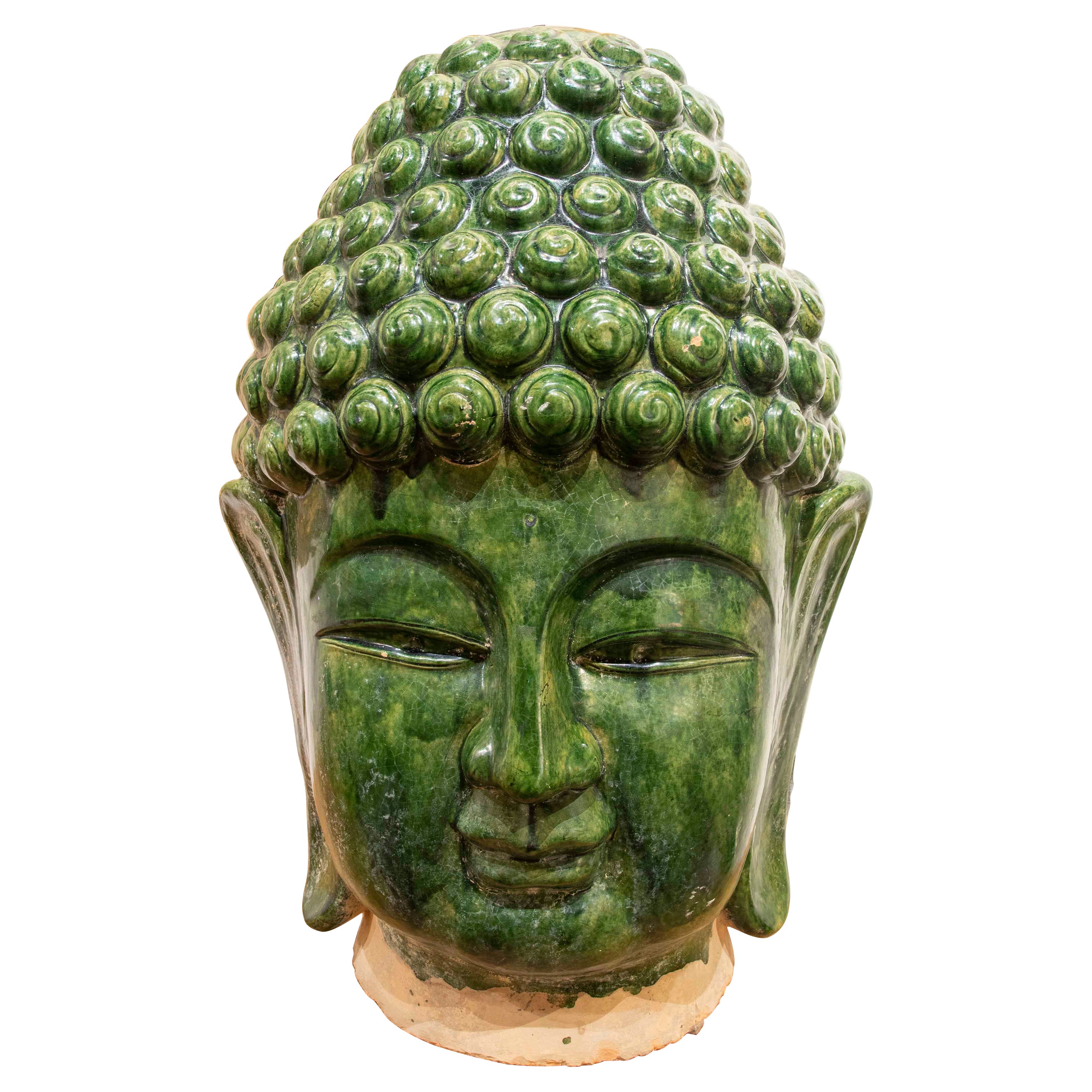 Cabeza de Buda de cerámica esmaltada en verde