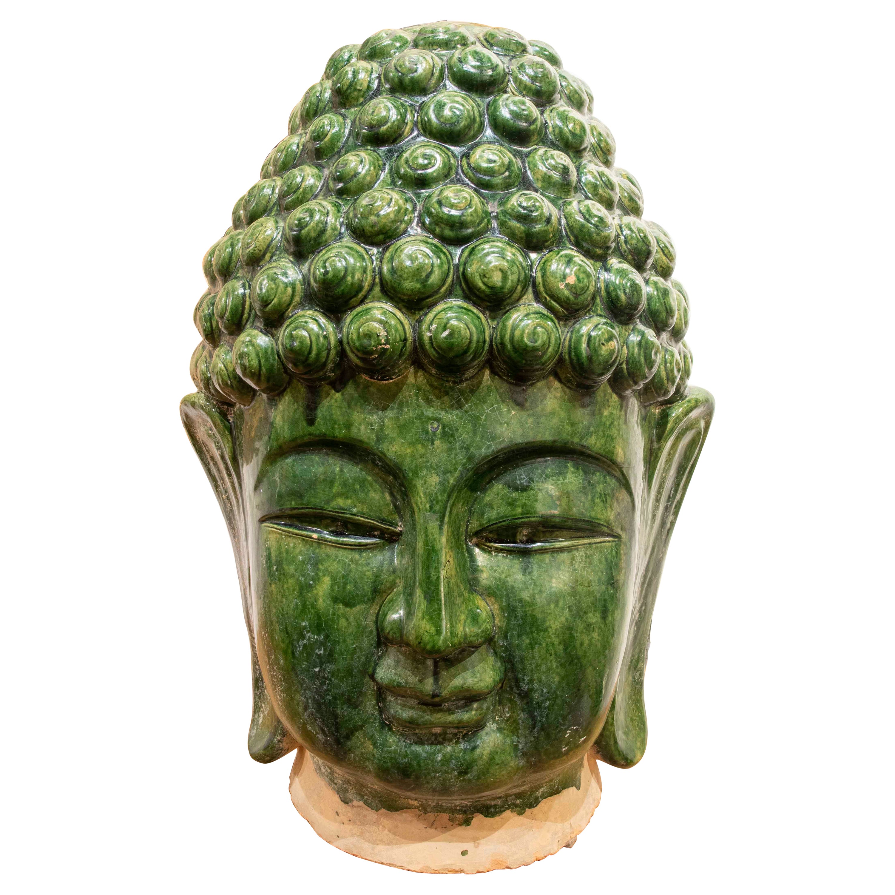 Green Glazed Ceramic Buddha's Head For Sale