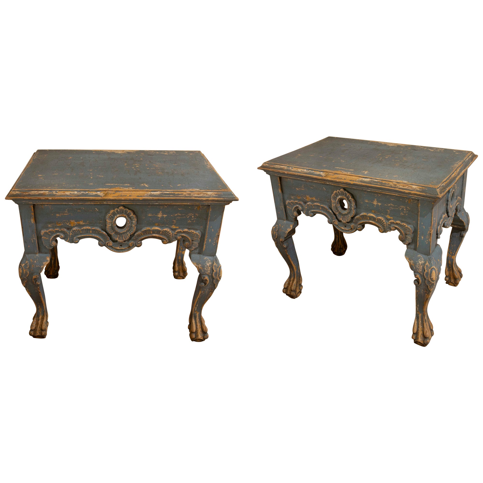Pair of polychromed Wooden Tables in Blue with Claw Feet