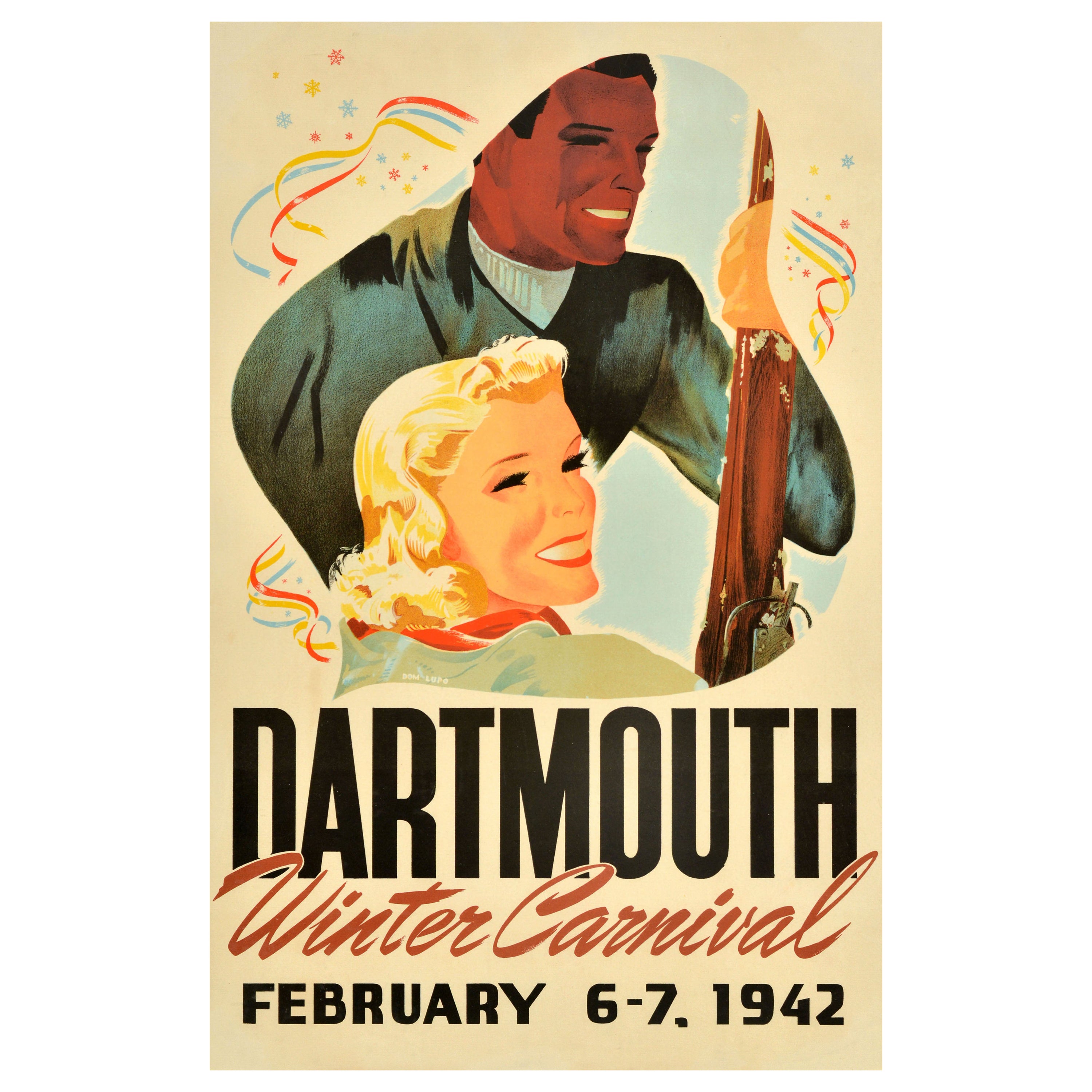 Affiche vintage originale de ski de Dartmouth, carnaval d'hiver 1942, États-Unis