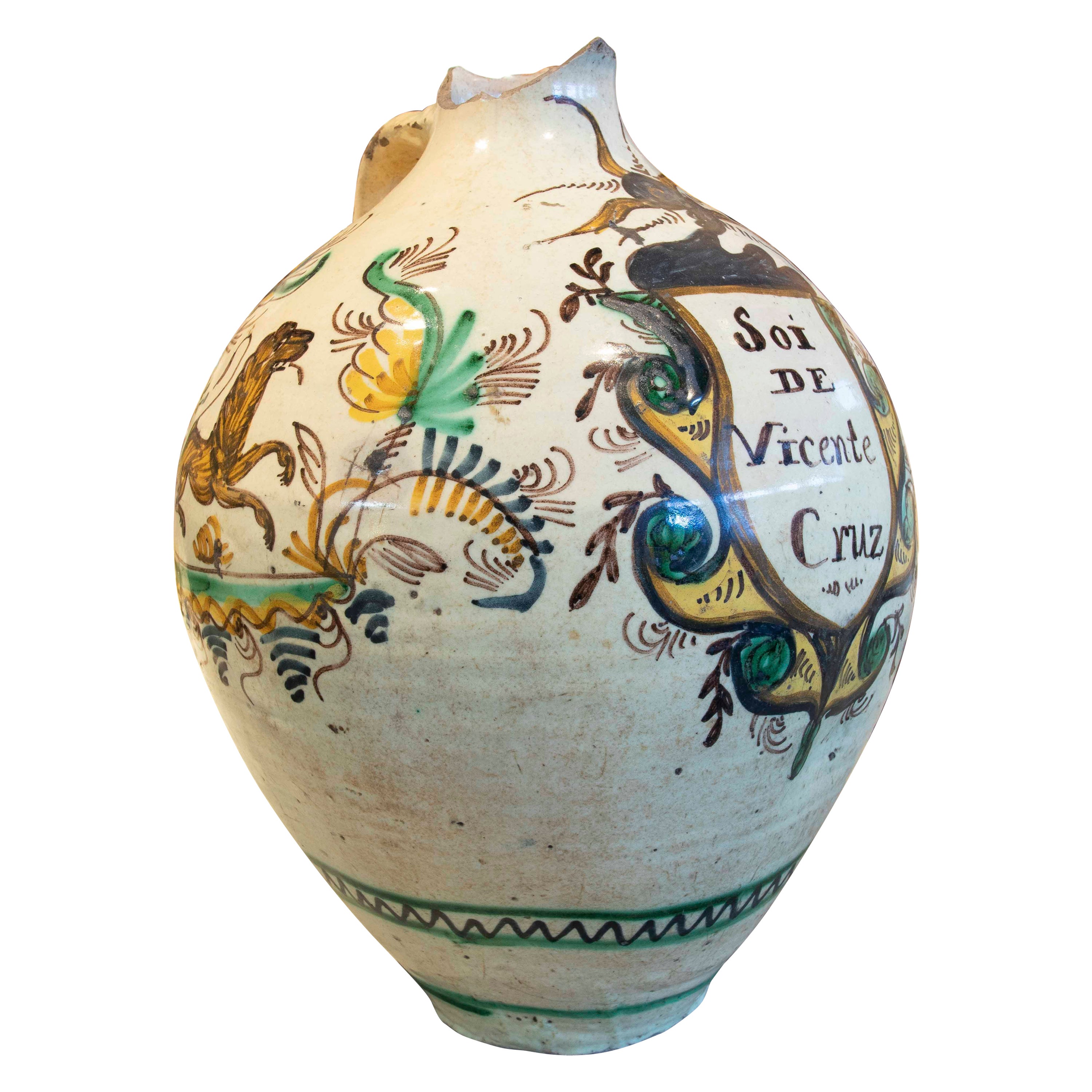 Spanische glasierte Keramikvase aus Spanien mit Inschrift „Soi de Vicente Cruz“