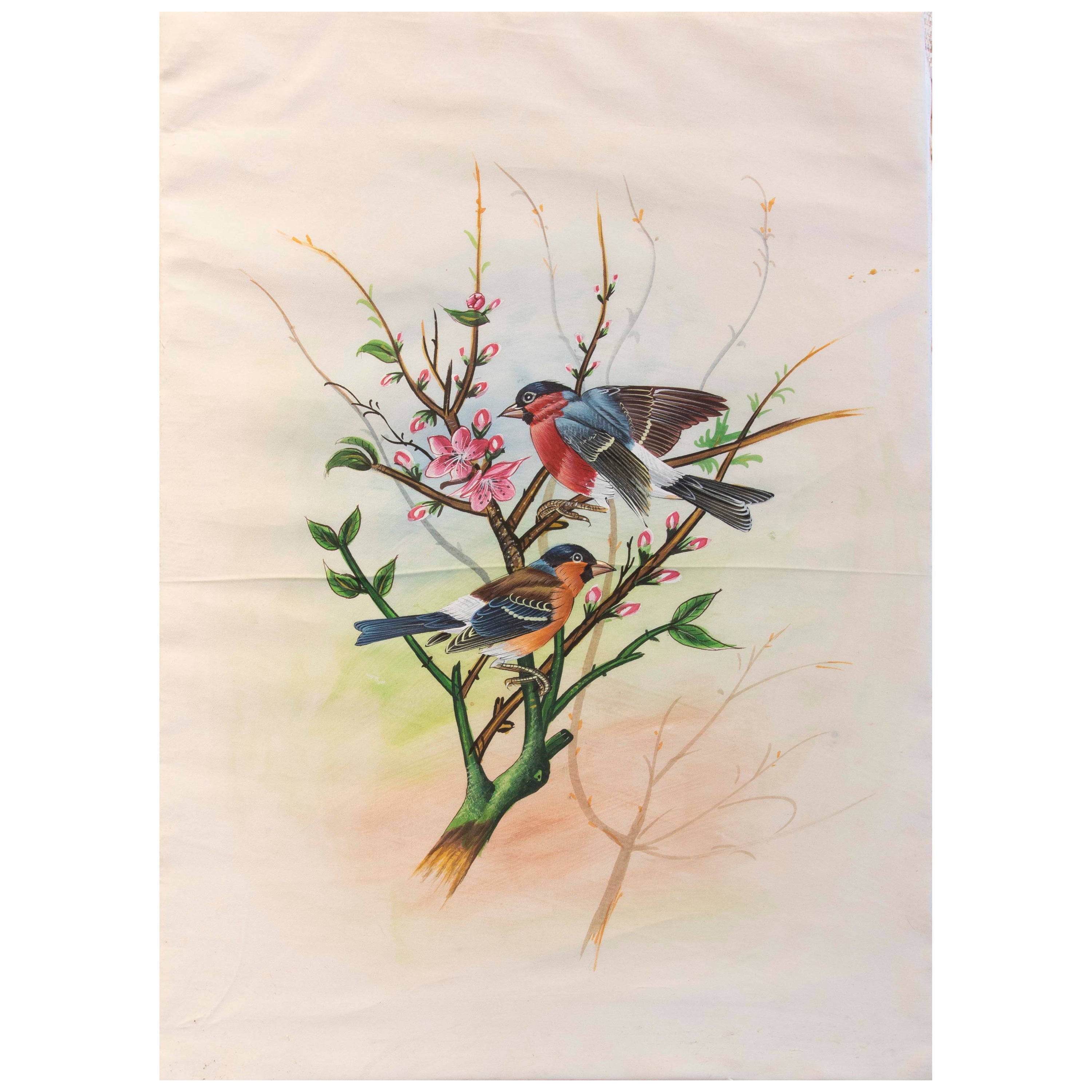 1970s Picture of B on Branch with Flowers Painted on Silk 