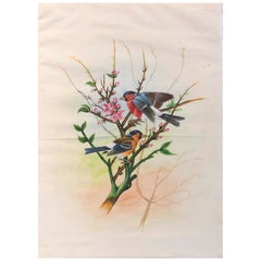 Retro 1970s Picture of B on Branch with Flowers Painted on Silk 