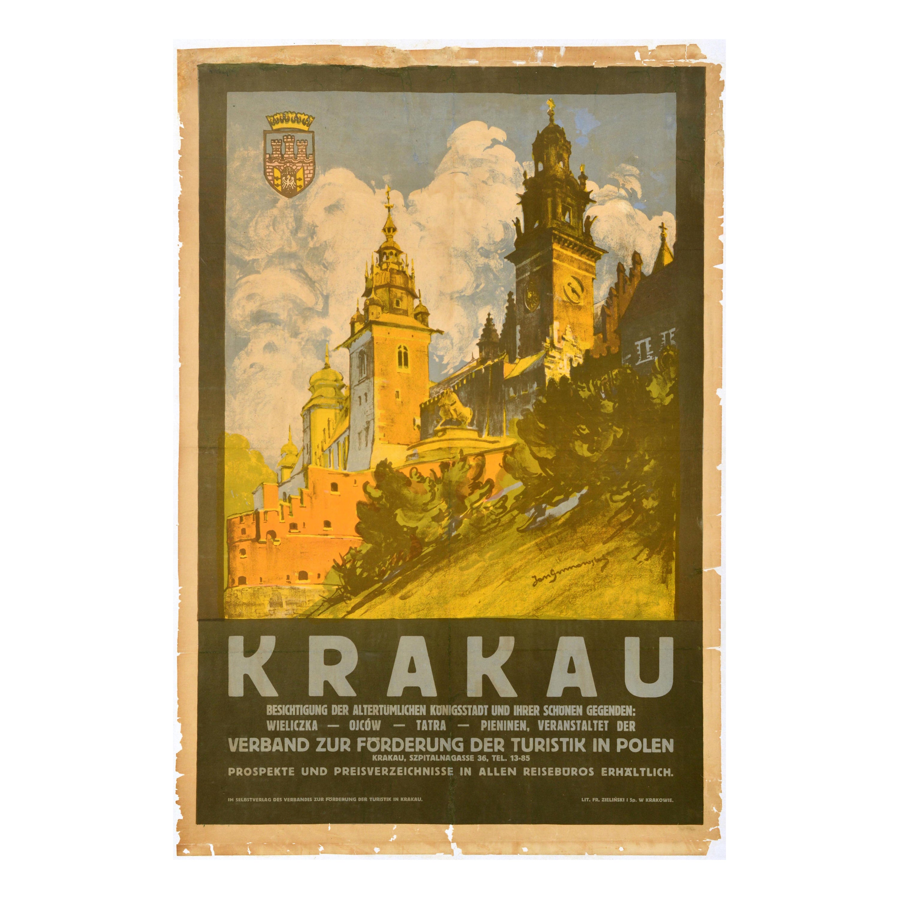 Original Antique Travel Poster Poland Krakow Krakau Ancient Royal Town Polska