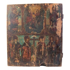 Antique Russian Icon Painted on Wood with Russian Religious Scenes