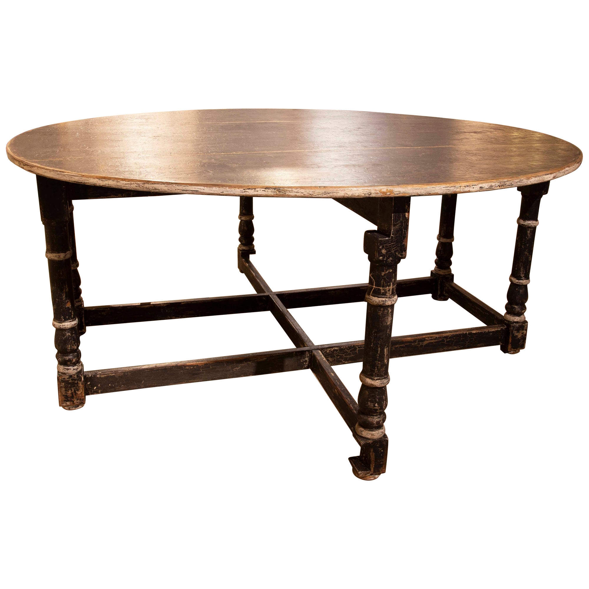 Table à oreilles rondes avec tiroirs en vieux panneaux latéraux polychromés noirs