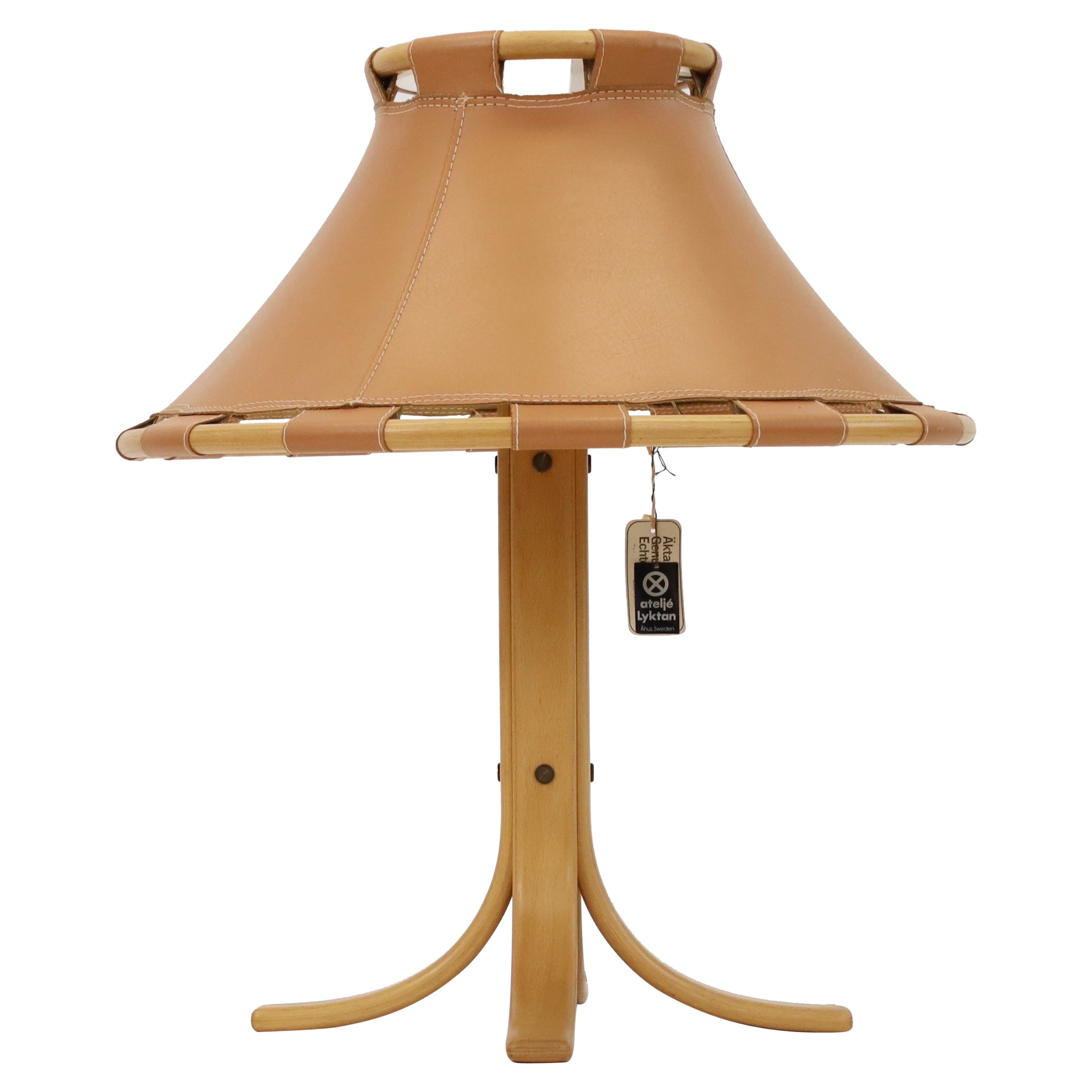 Beech wood and leather Desk Lamp by Anna Ehrner for Atelje Lyktan, 1970s, Sweden For Sale