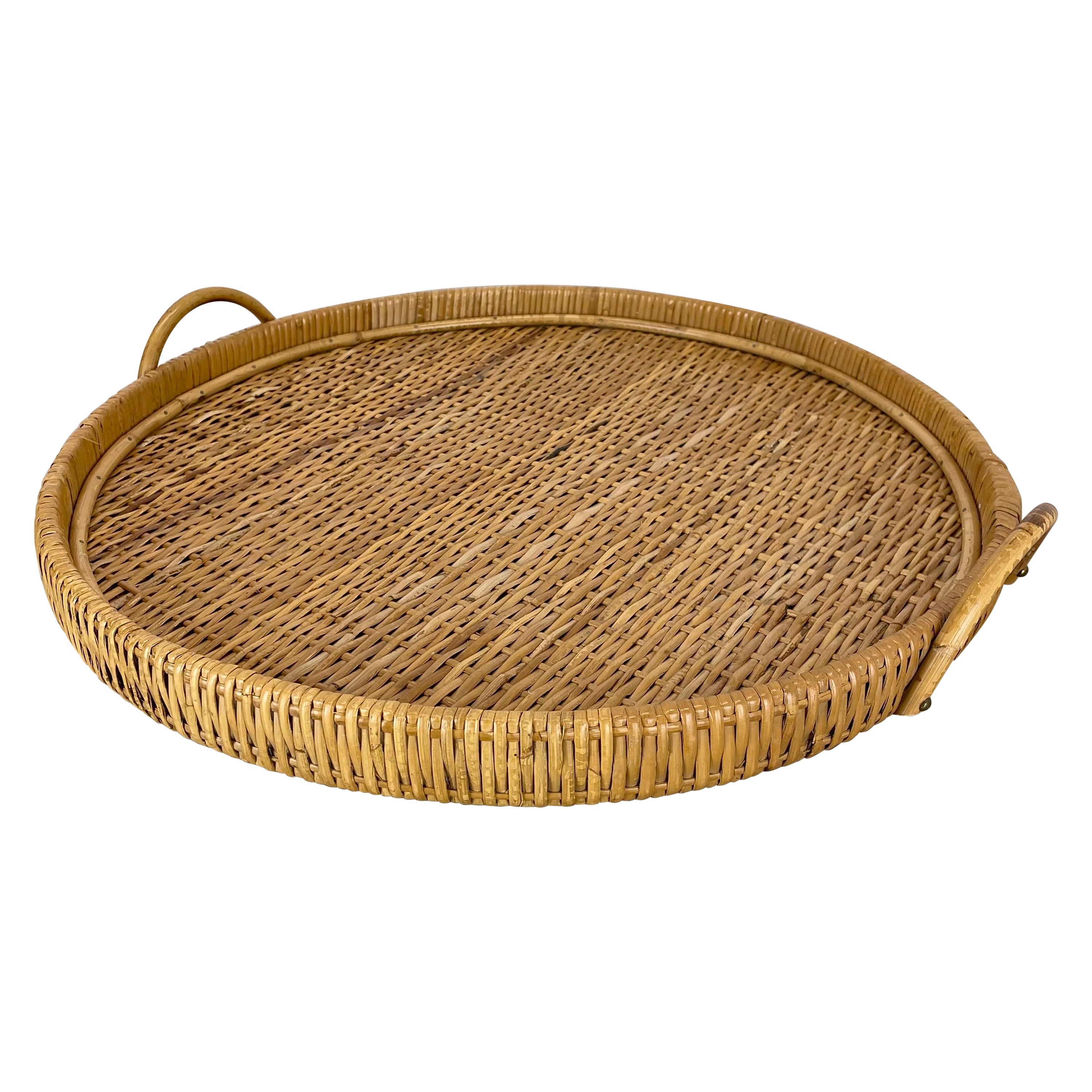 Large 50cm Rattan Rotin tray element in Gabriella Crespi Style, Italy, 1970s