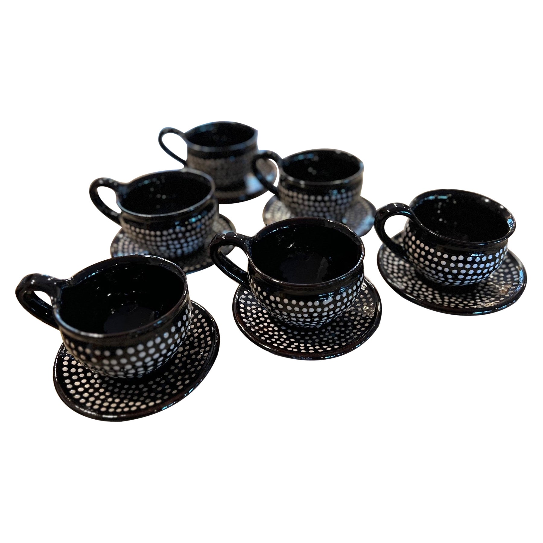 A Set of Six Hungarian Red Ware Folk Art Cups and Saucers by Imre Szűcs 
