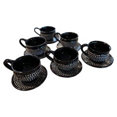 Juego de seis tazas y platillos de arte popular húngaro de loza roja de Imre Szűcs