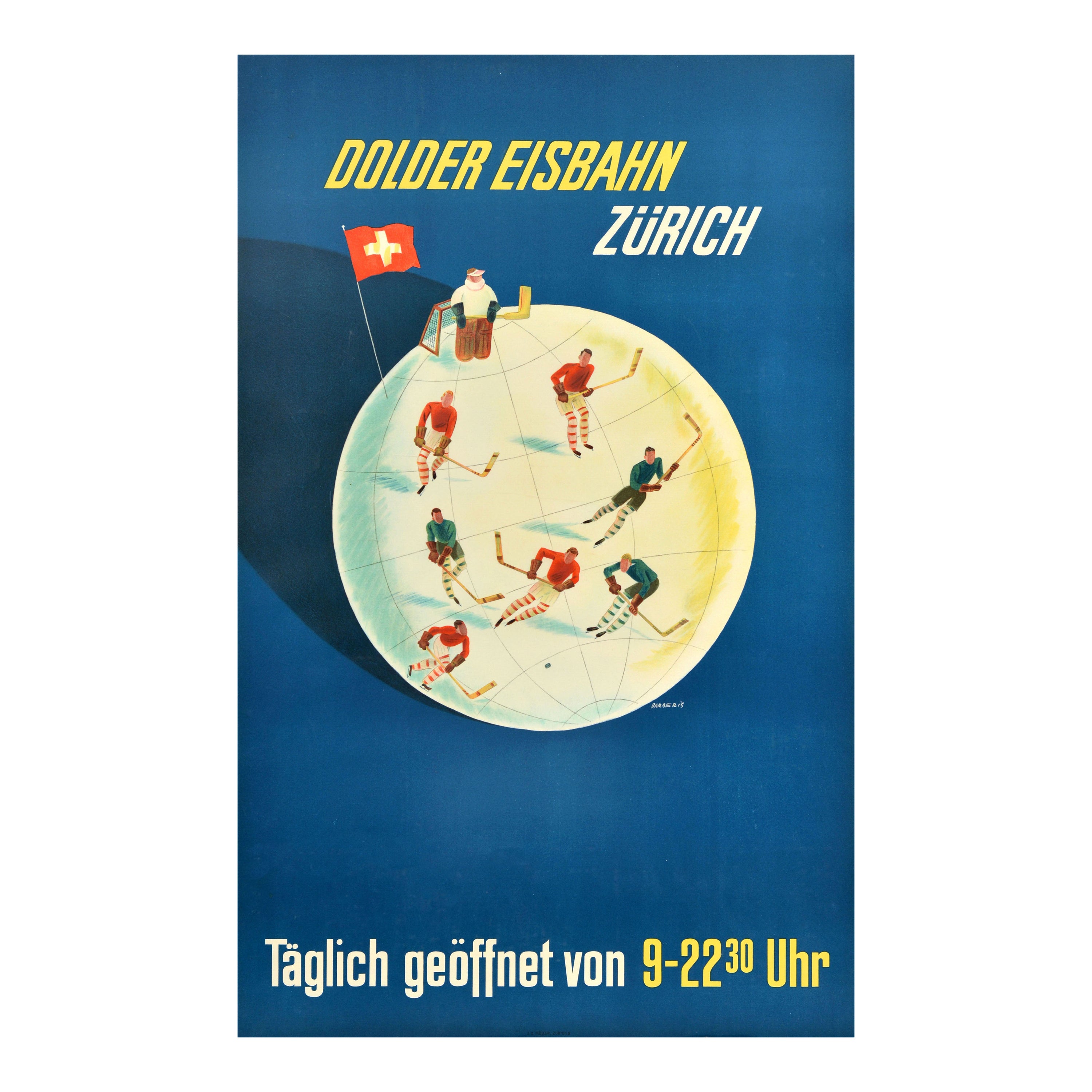Original Vintage Sport Poster Dolder Zurich Ice Skating Rink Switzerland Hockey