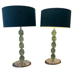 Grande paire de lampes de table en verre de Murano vert de mer 