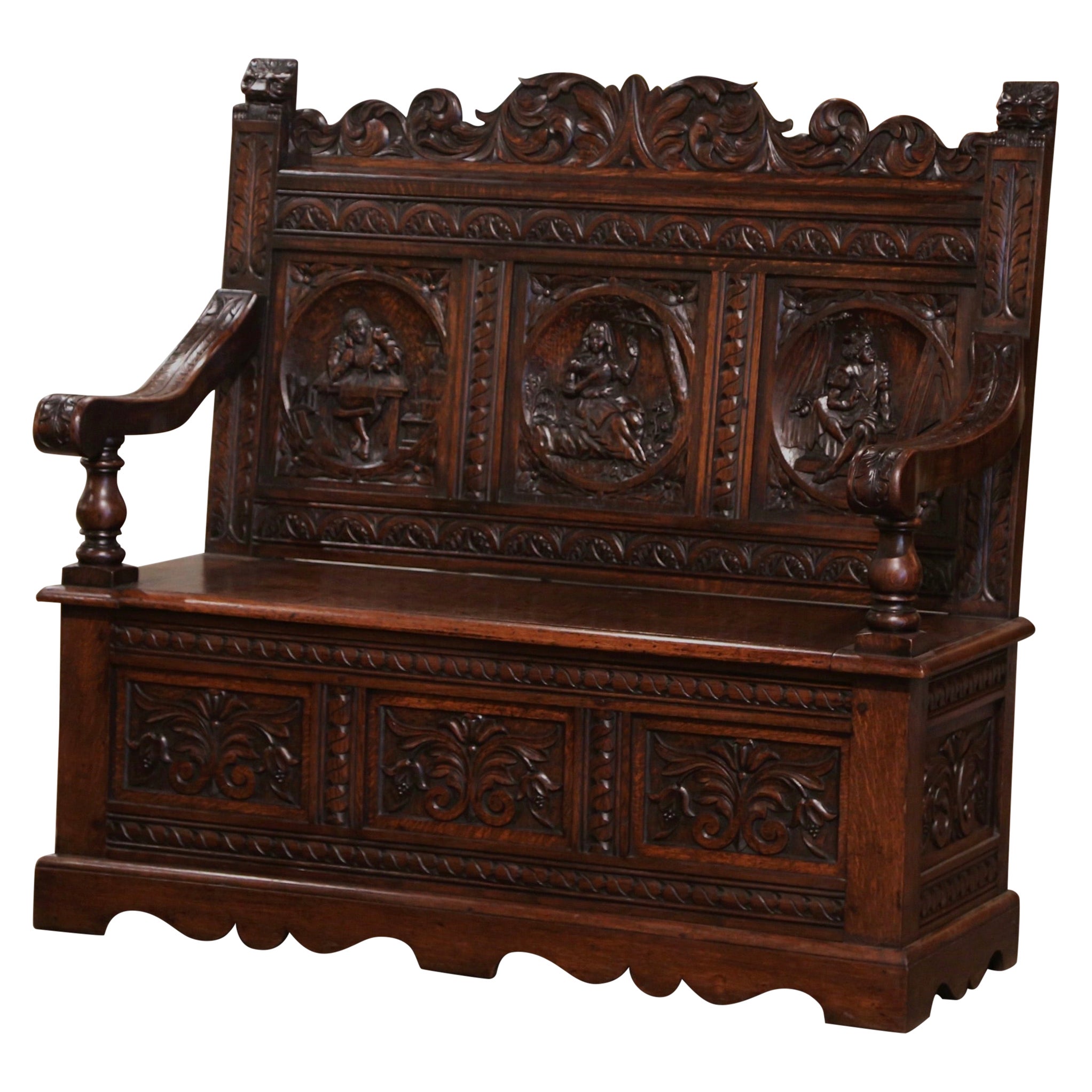 19th Century French Renaissance Carved Oak Bench with Figural Motifs For Sale