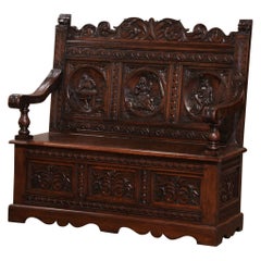 19th Century French Renaissance Carved Oak Bench with Figural Motifs