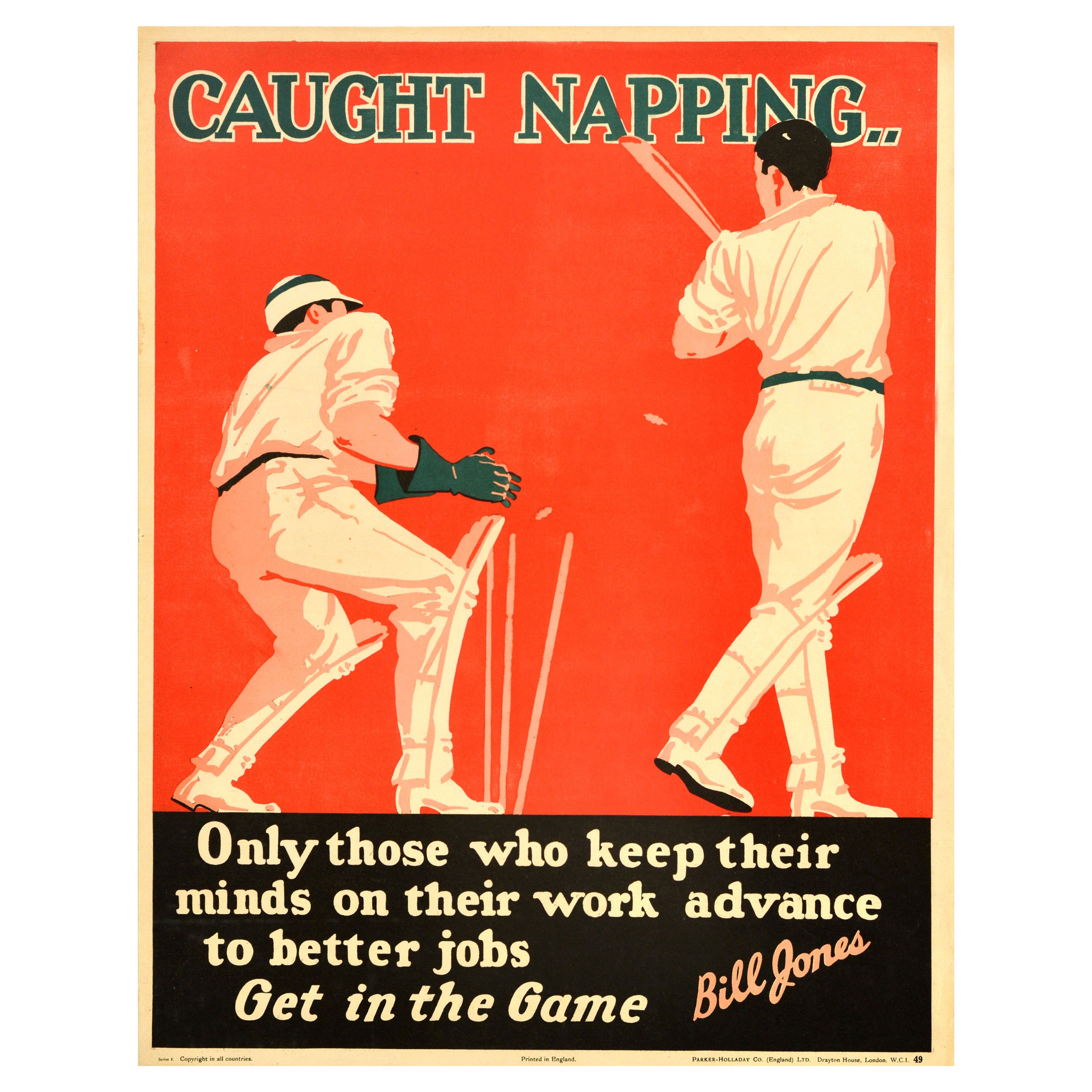 Original Vintage Workplace Motivational Poster Caught Napping Cricket Bill Jones