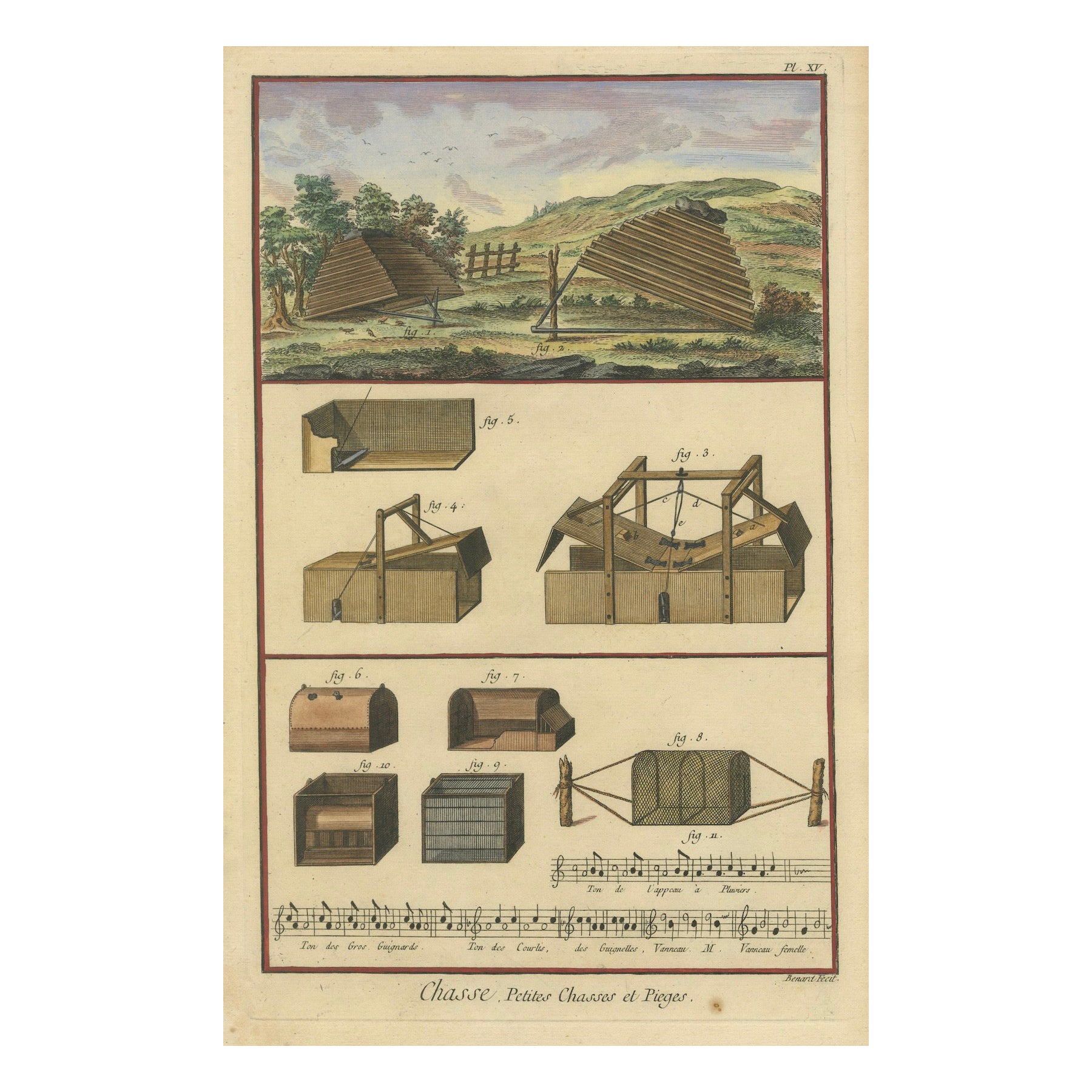 Original Antique Engraving of Hunting, Small Game Hunting and Traps, 1793