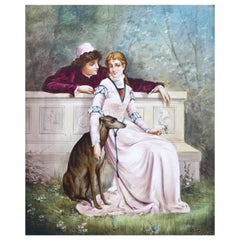 A painted earthenware plaque of a woman and suitor