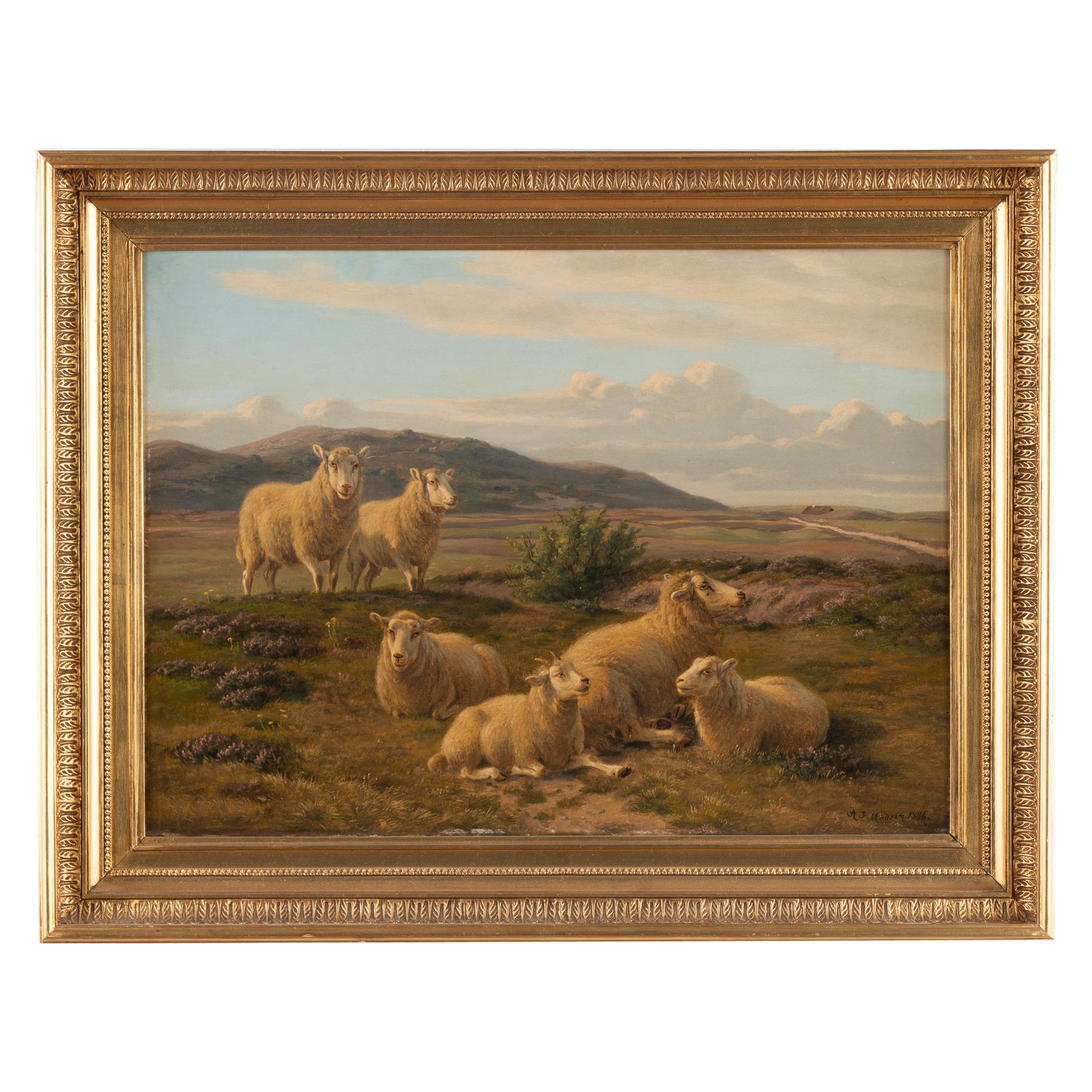 Peinture originale à l'huile sur toile de moutons, signée et datée A.P Madsen 1886 en vente