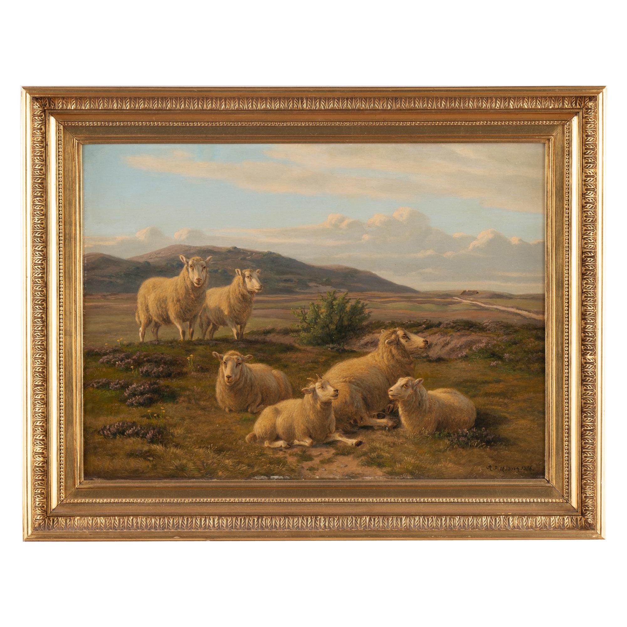 Pintura original al óleo sobre lienzo de Oveja, firmada y fechada A.P Madsen 1886