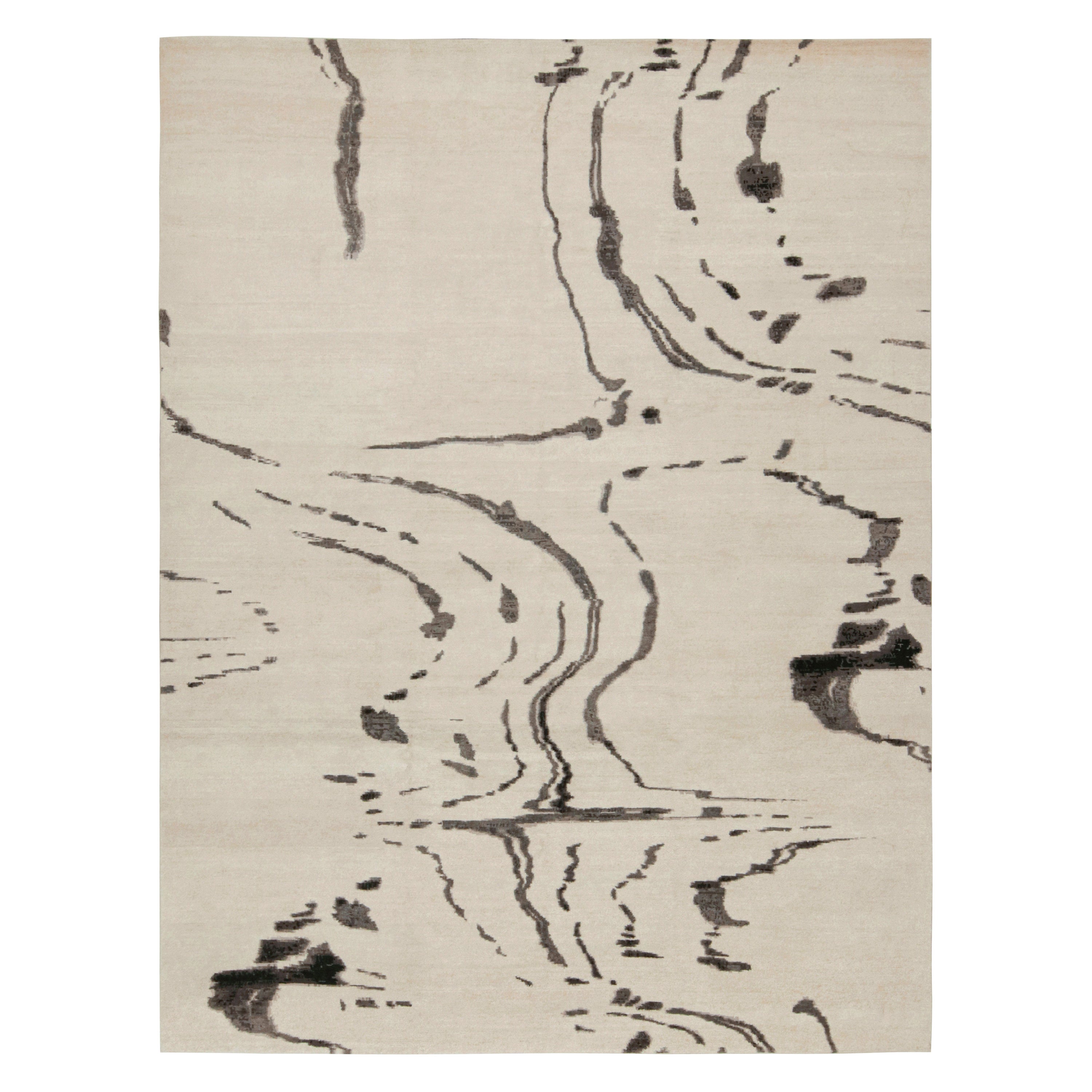 Rug & Kilim’s Abstract Rug “Shadow  Charcoal” in Beige, with Gray Patterns For Sale