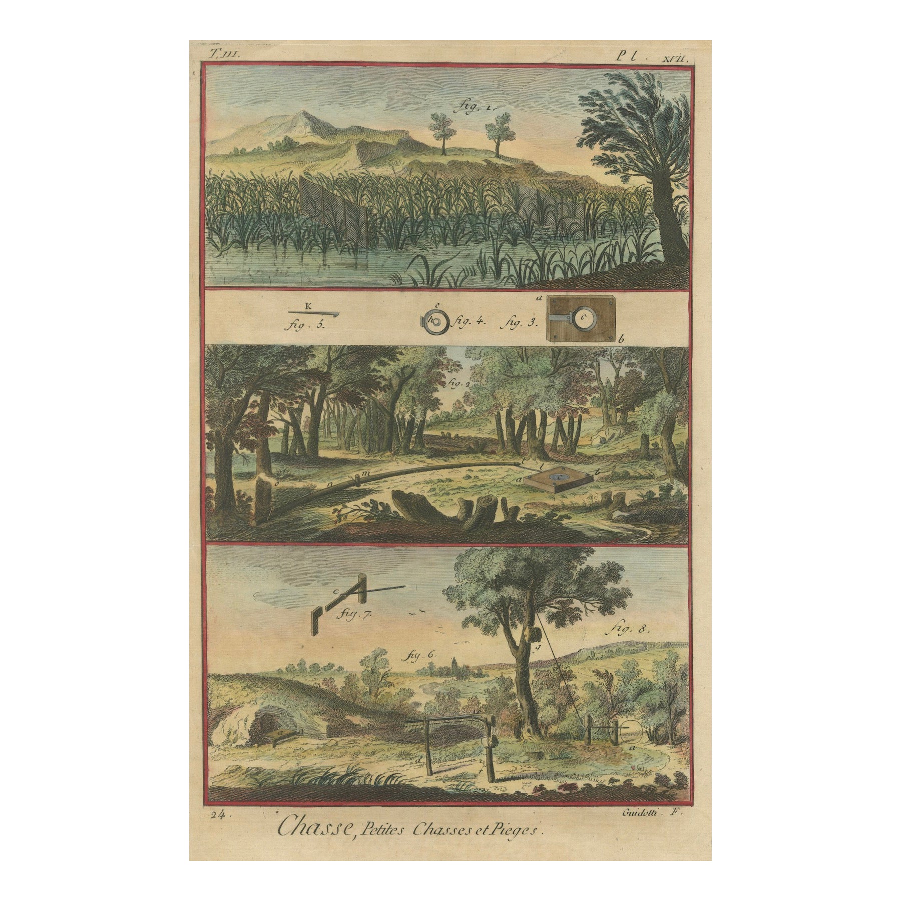 Incisione di varie trappole da caccia, pubblicata nel 1793