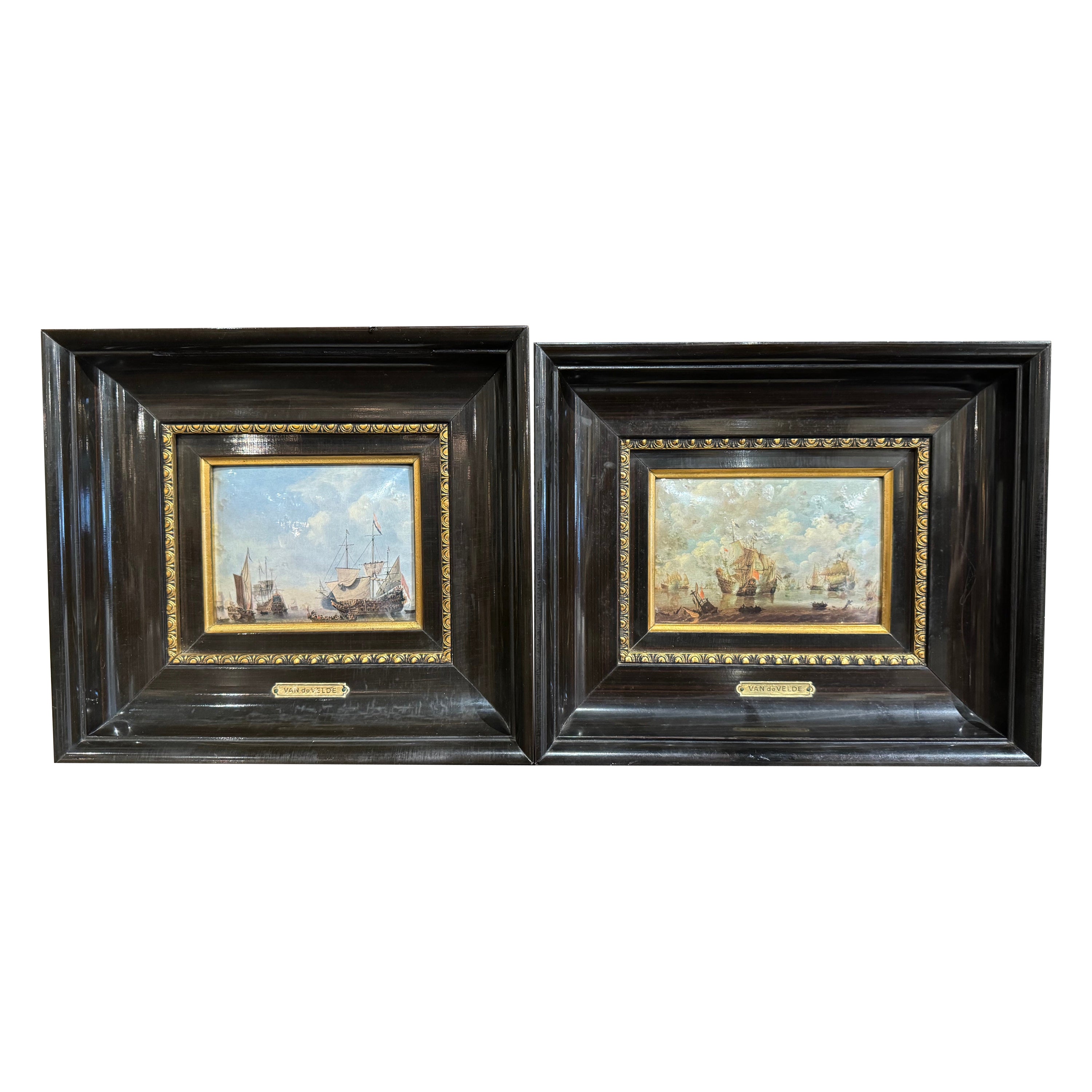 Pair of Mid-Century French Framed Nautical Paintings After W. Van de Velde For Sale