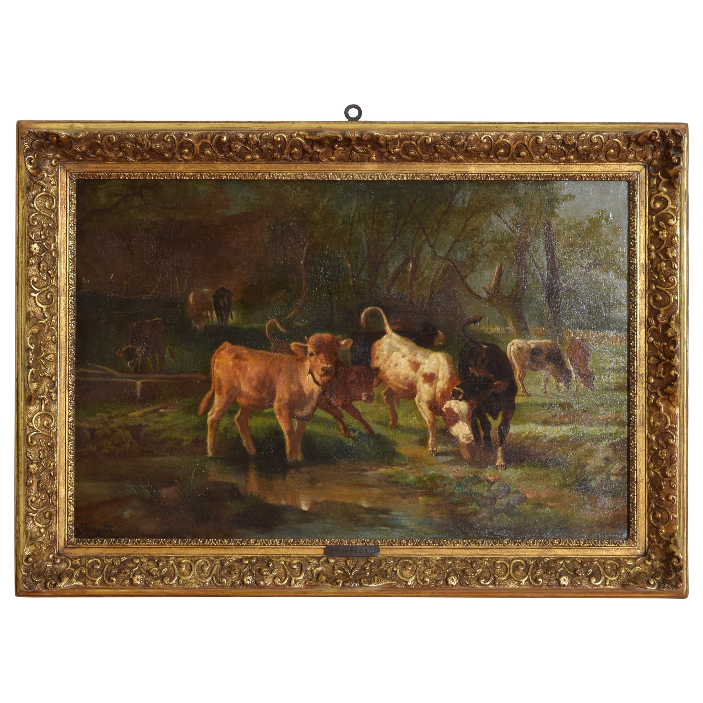 Oil on Canvas, “Cows Watering at Stream, Aymar Pezant, 1846-1916 For Sale