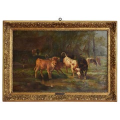 Antique Oil on Canvas, “Cows Watering at Stream, Aymar Pezant, 1846-1916