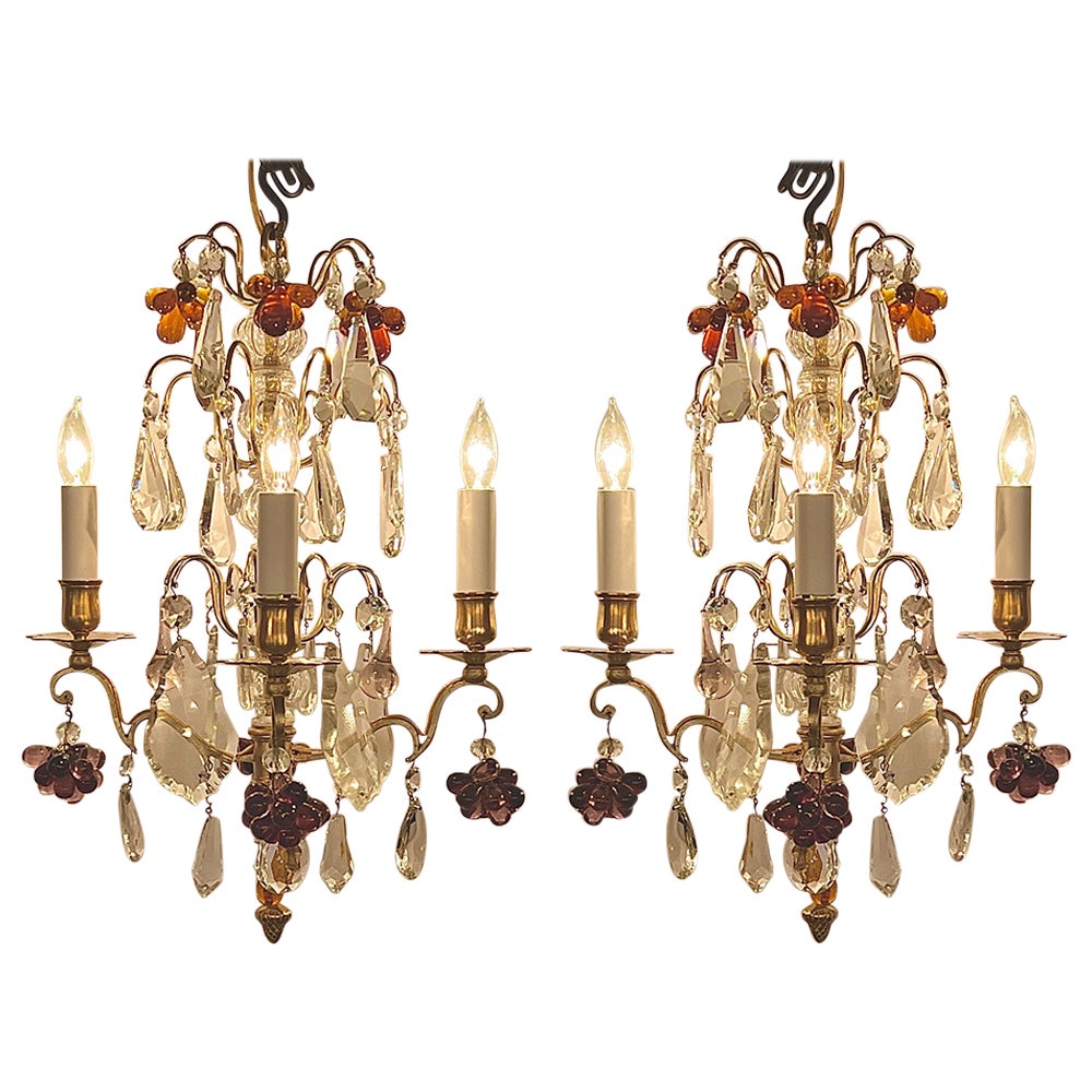Pair Petite Antique French Baccarat Crystal & Bronze D'ore Chandeliers, Ca 1890