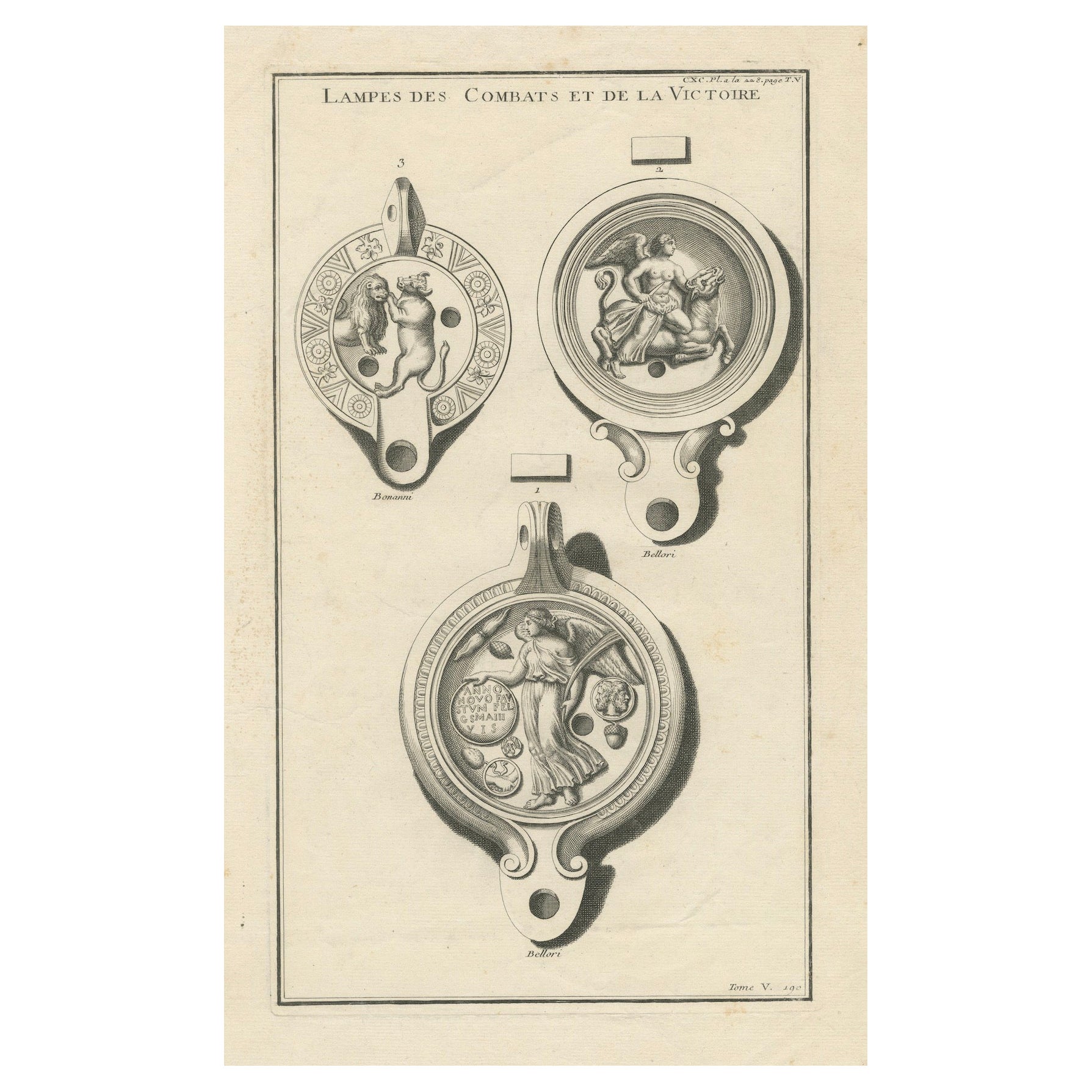 Ancient Lamp Drawing of a Bull and Lion; Tauroctony Engravings Published in 1722 For Sale