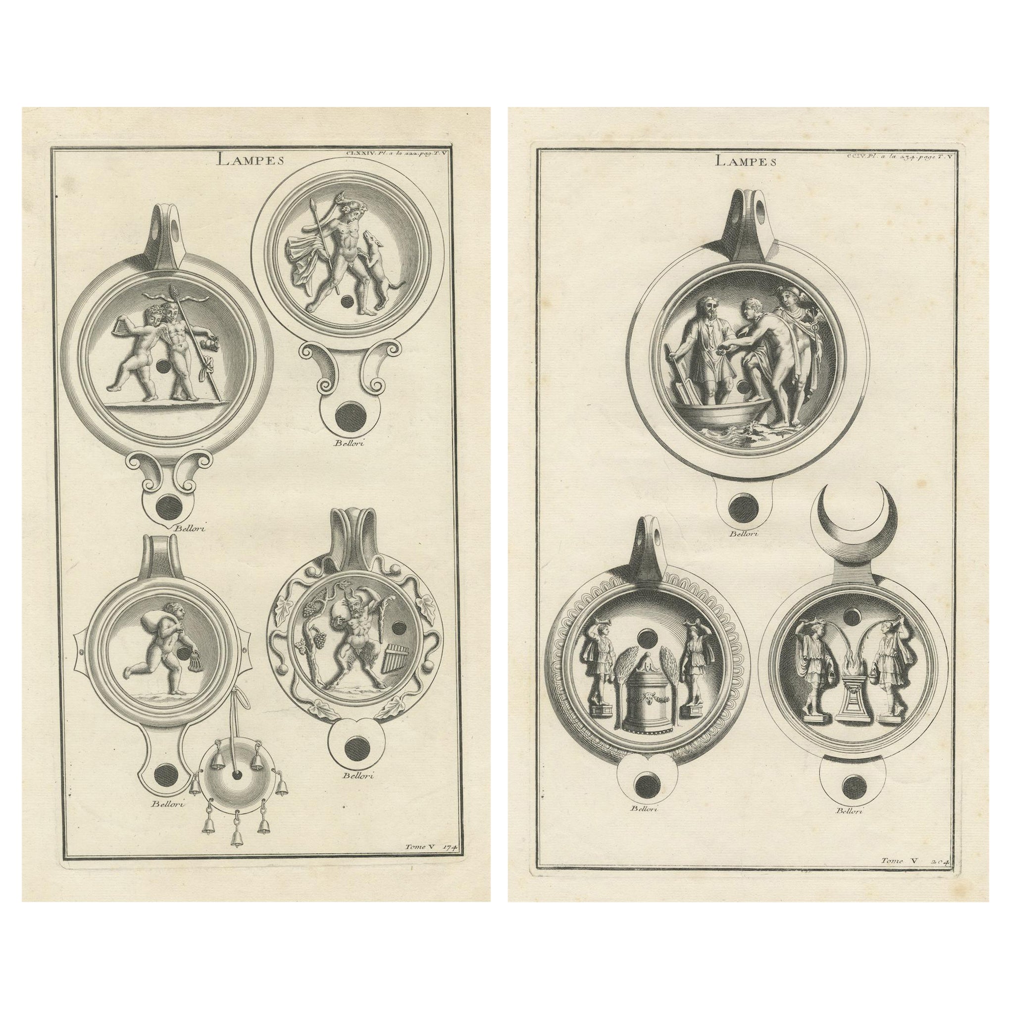 Ancient Lamps in Art: Montfaucon's 18th-Century Engravings, circa 1722 For Sale