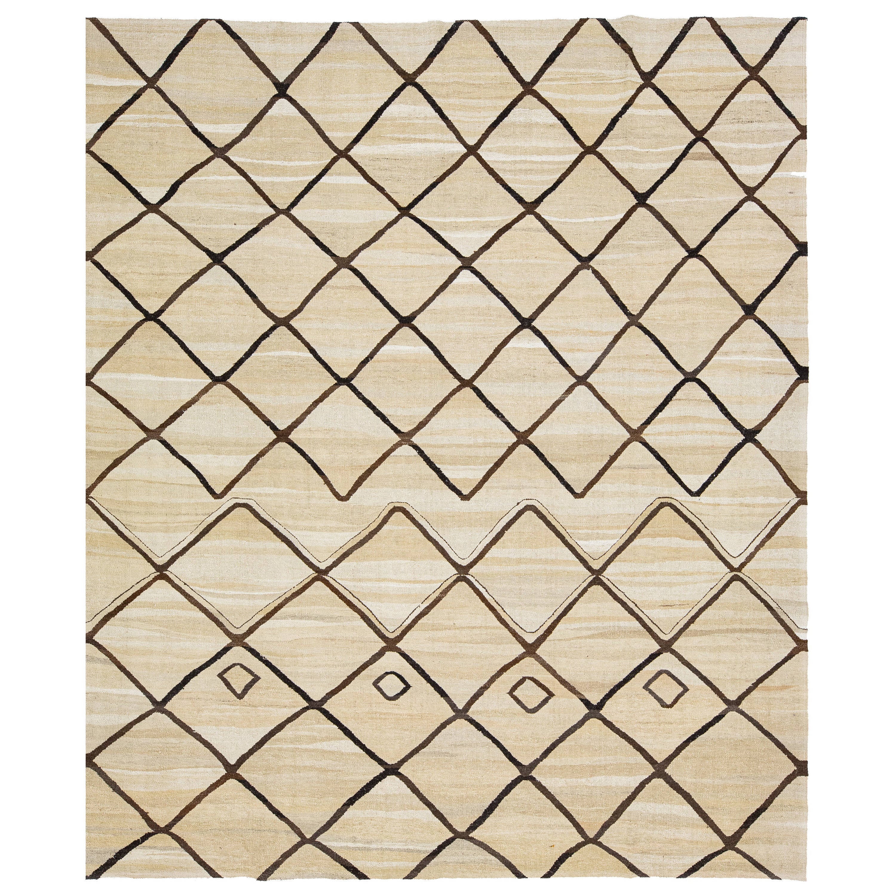 Beige Modern Turkish Kilim Wool Rug Flat-Weave with Geometric Brown Pattern  