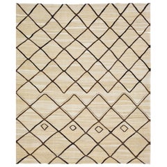 Beige Modern Turkish Kilim Wool Rug Flat-Weave with Geometric Brown Pattern  