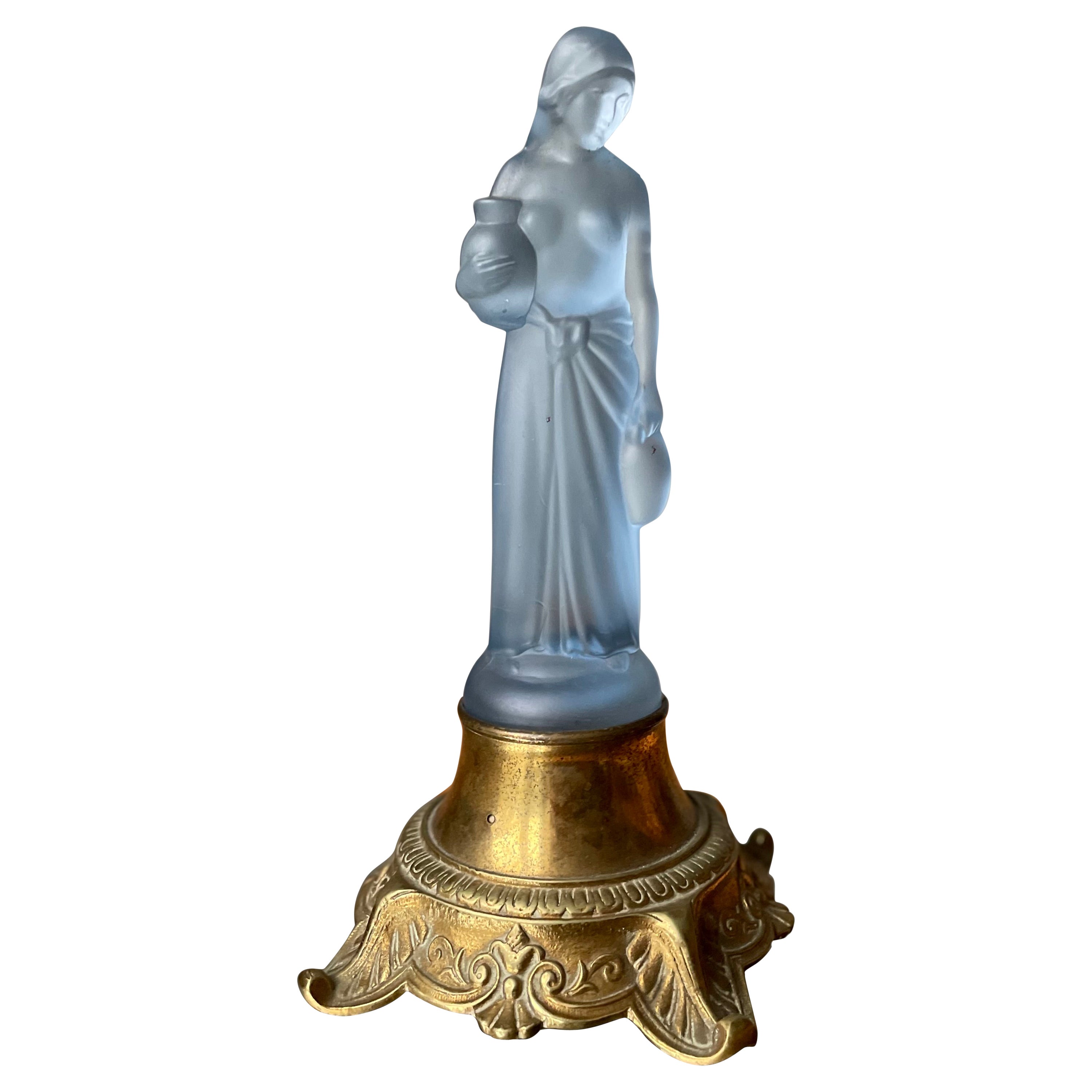 French Art Nouveau Blue Glass Lady Table Lamp, circa 1940s For Sale