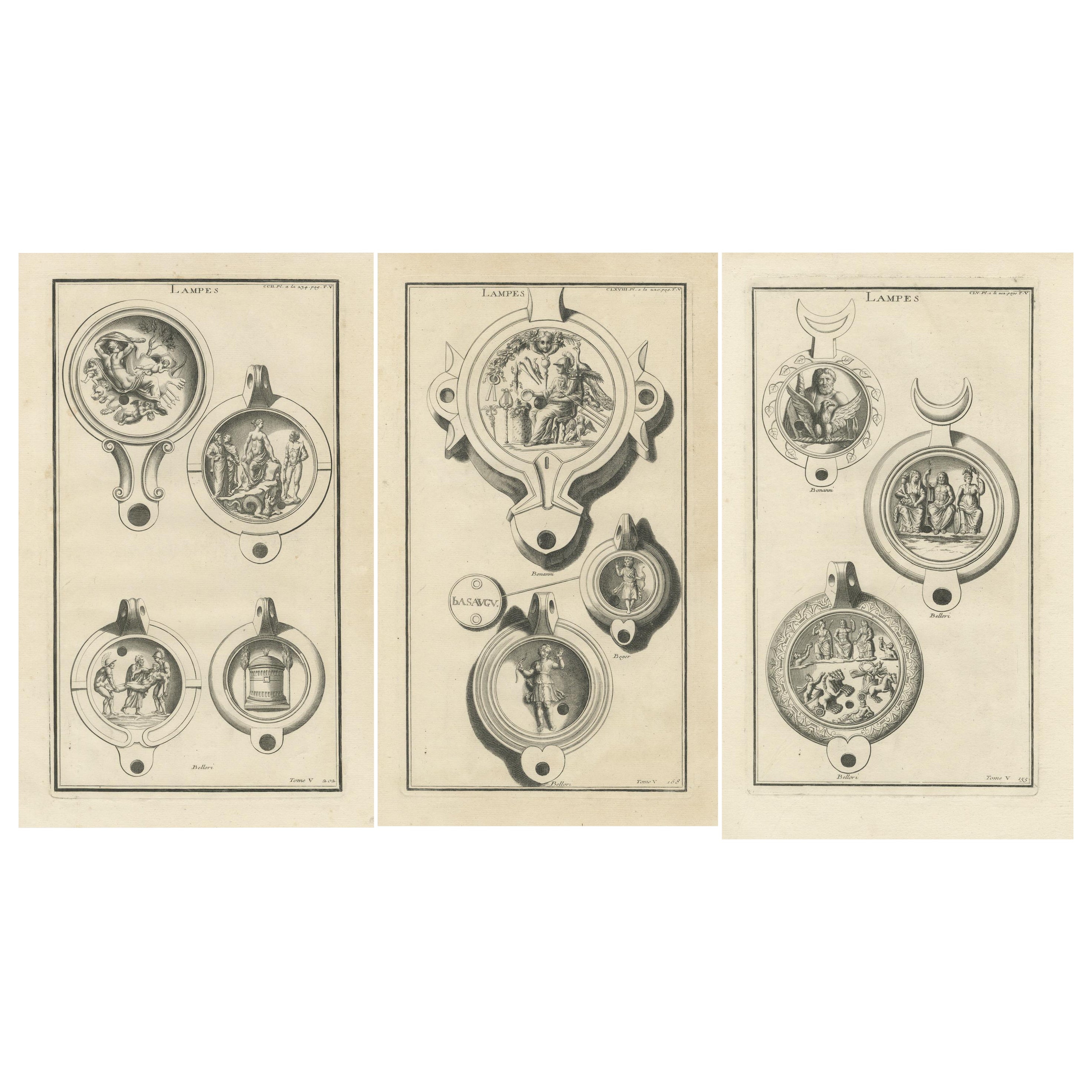 Original Classical Lamp Engravings: Montfaucon's Collection, Published in 1722 For Sale