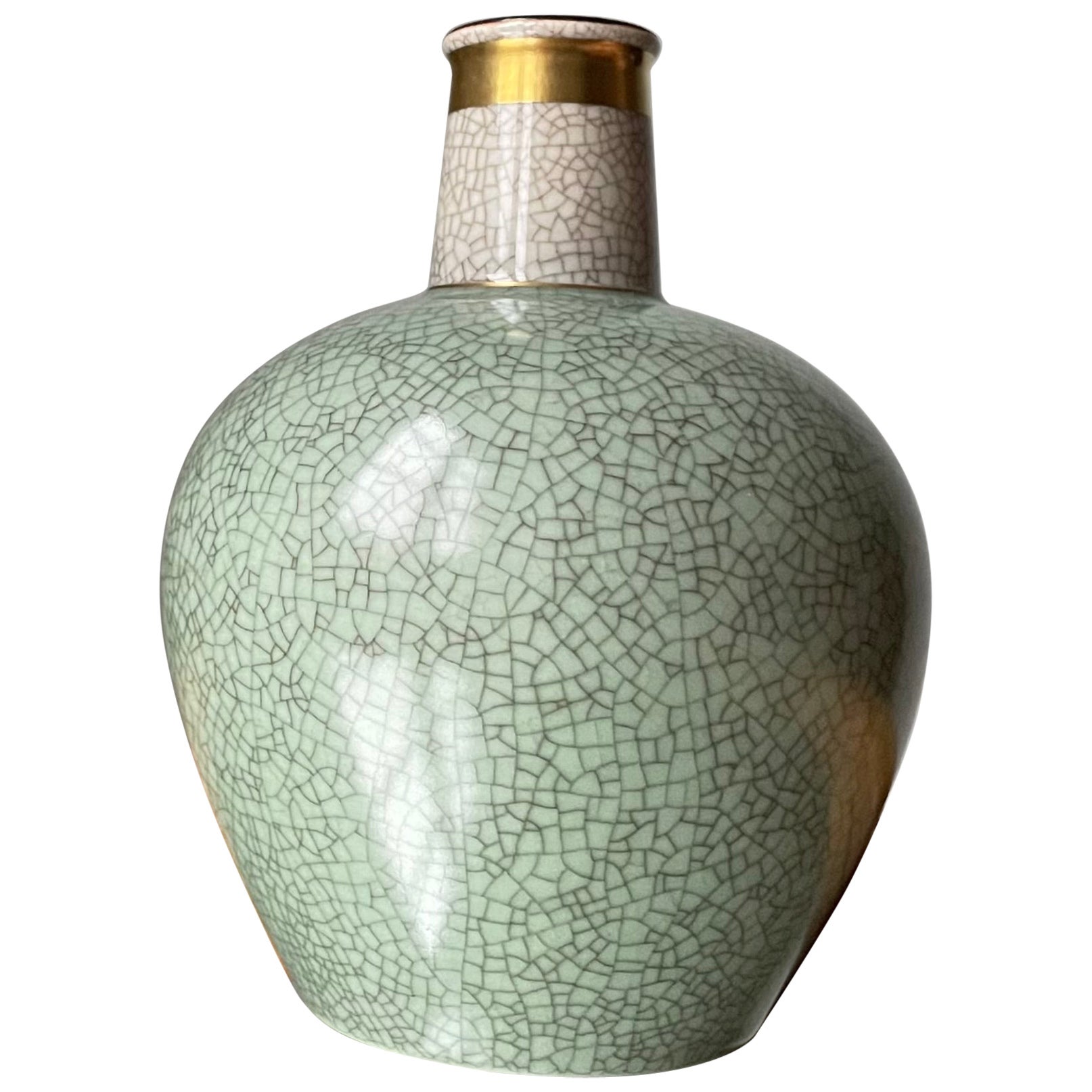 Green Gold Royal Copenhagen Crackle Glaze Vase, 1950s For Sale