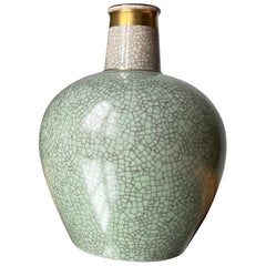 Vintage Green Gold Royal Copenhagen Crackle Glaze Vase, 1950s