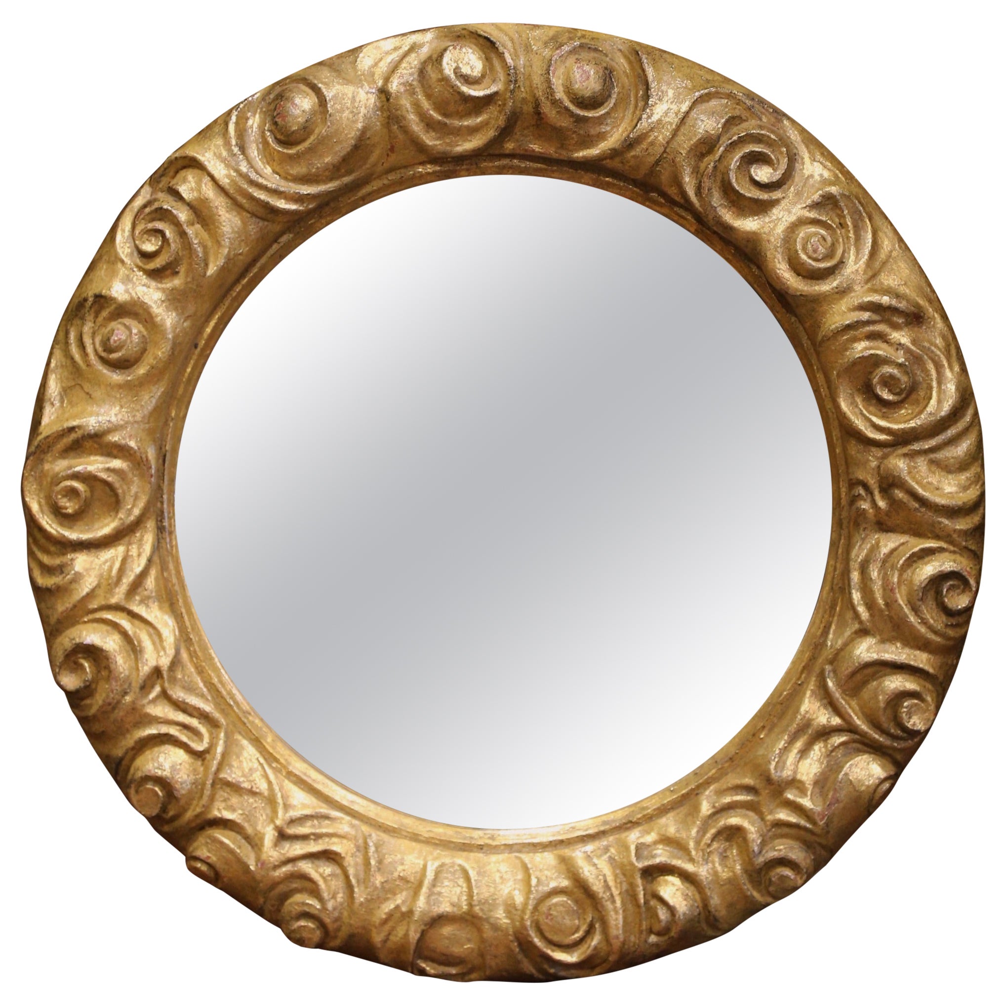 Mid-20th Century French Carved Gilt Wood Round Mirror with Floral Motifs For Sale