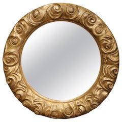 Retro Mid-20th Century French Carved Gilt Wood Round Mirror with Floral Motifs
